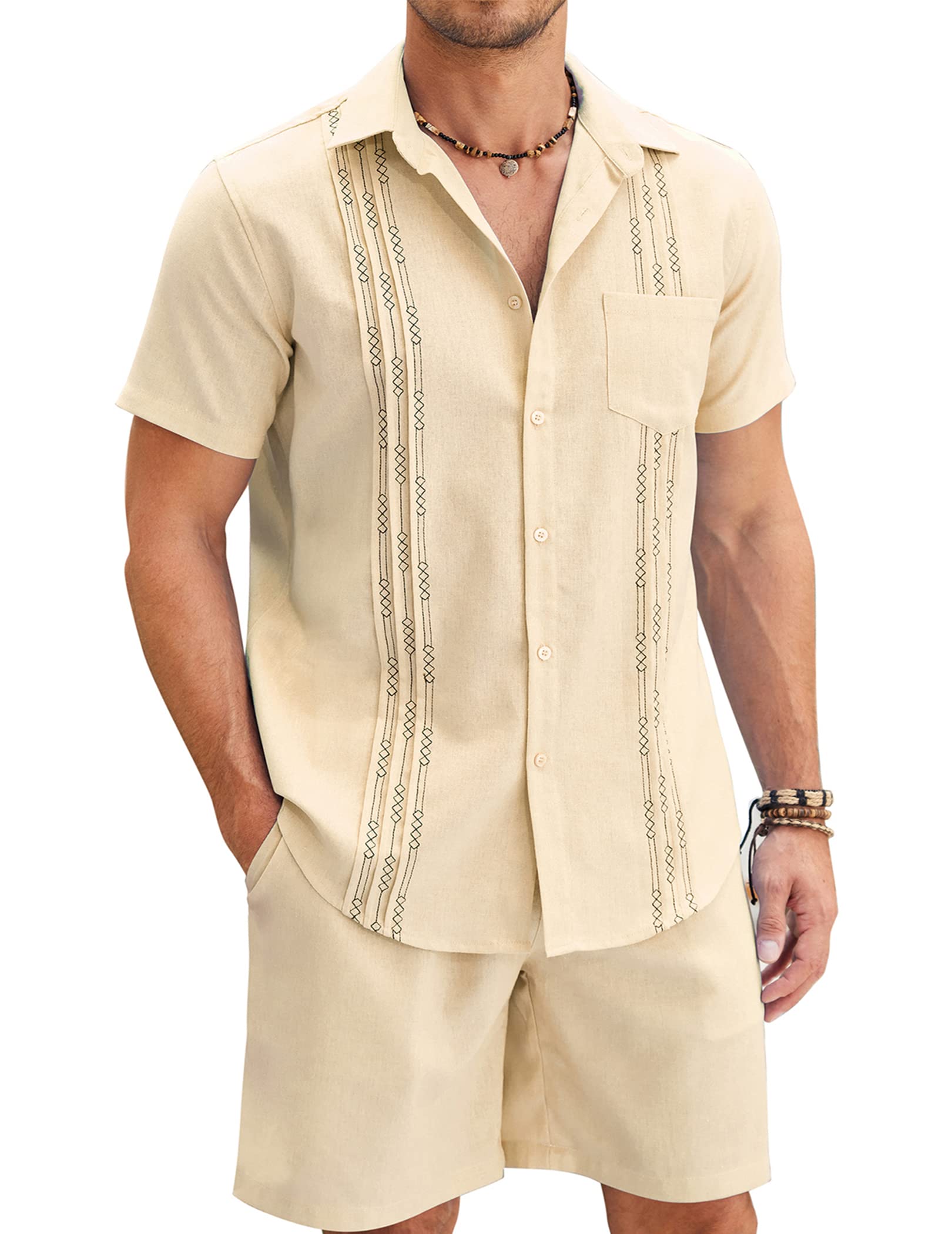 COOFANDY Men's 2-Piece Beach Short Set - Stylish Guayabera & Shorts for Vacation, Resort Wear | Perfect for Summer Getaways, Pool Parties & Tropical Holidays