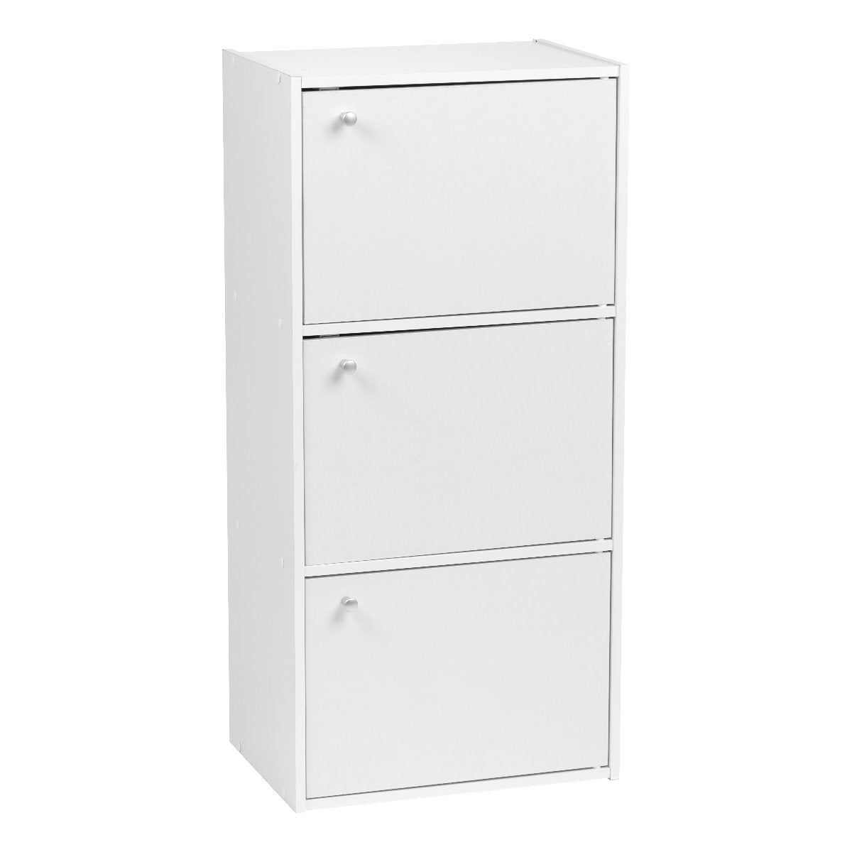3-Tier White Wooden Storage Shelf with 3 Doors - Perfect for Bedroom, Living Room, and Garage Organization