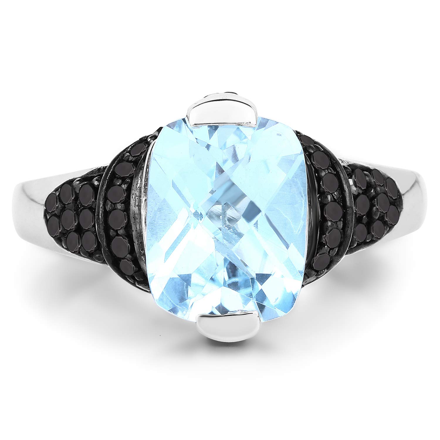 Genuine Swiss Blue Topaz Black Diamond and Diamond Sterling Silver Ring - Size 6.00 | Elegant Women's Jewelry for Engagement, Anniversary & Special Occasions