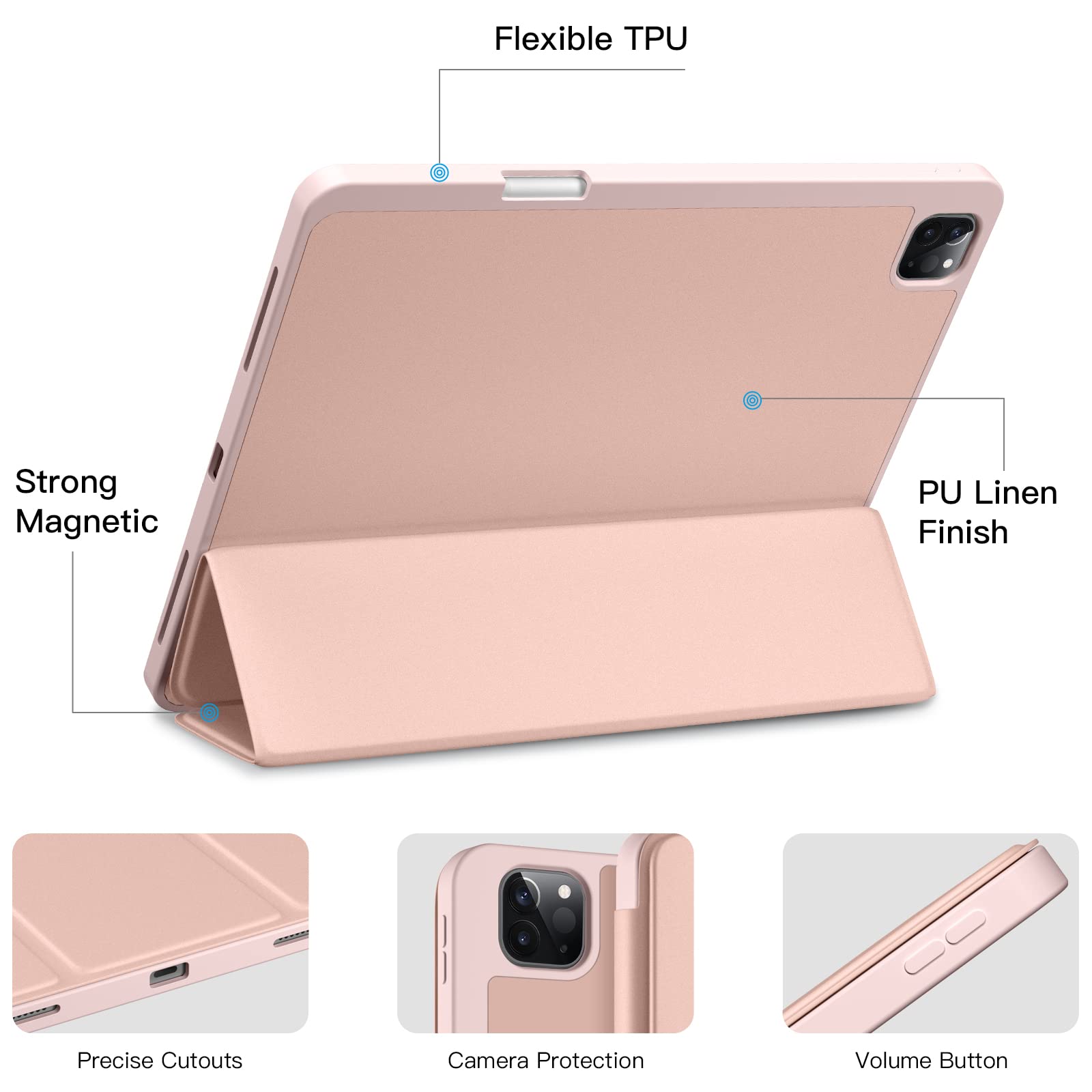 Premium iPad Pro 12.9 Case 6th/5th/4th/3rd Gen (2022/2021/2020/2018) - Shockproof Trifold Stand Cover with Pencil Holder & Auto Wake/Sleep | Soft TPU Back Protection | Perfect for Work, School & Travel - Pink