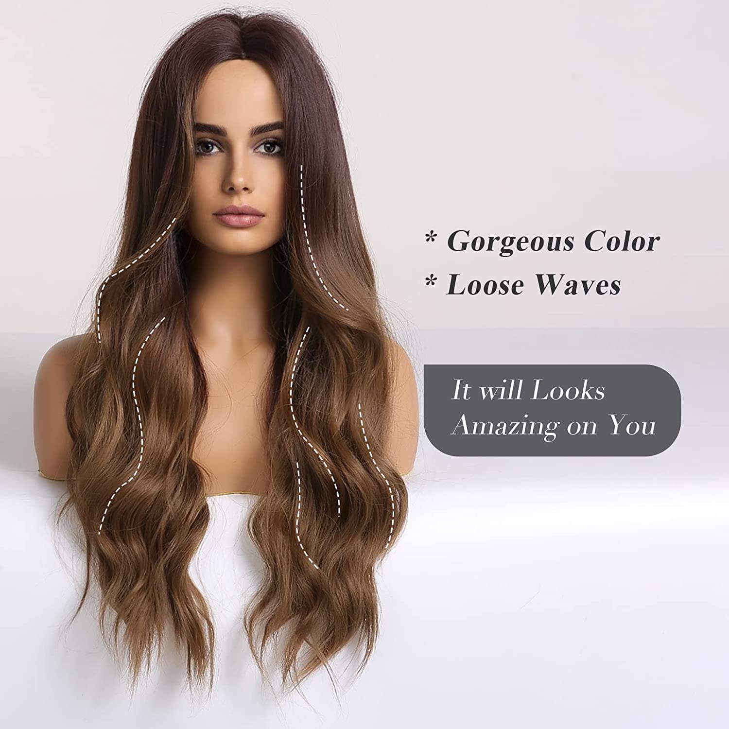 Long Ombre Brown Synthetic Curly Hair Wig for Women with Middle Parting - Perfect for Cosplay, Parties & Daily Styling
