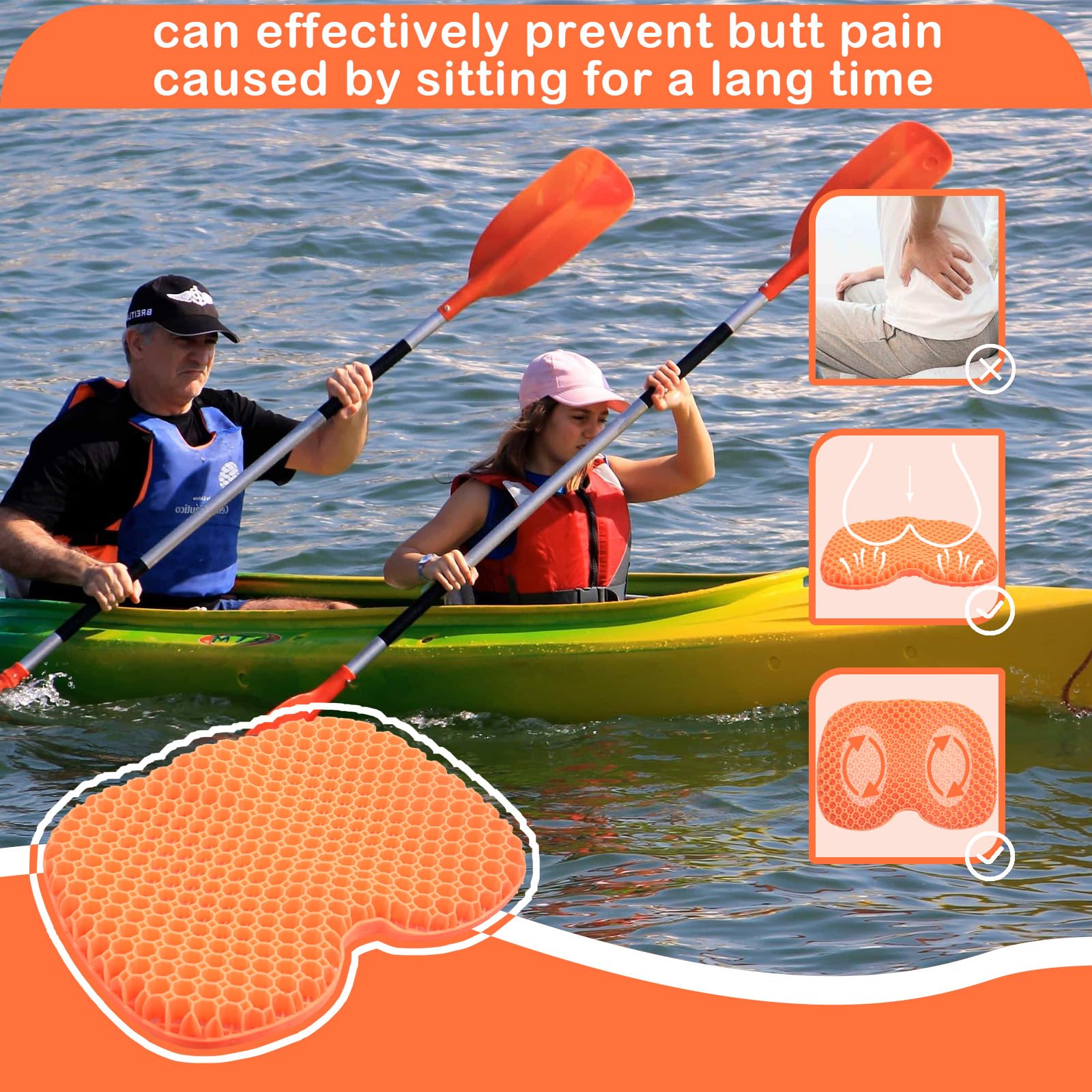Non-Slip Waterproof Gel Kayak Seat Cushion - Comfortable Anti-Skid Boat & Canoe Pad for Fishing, Pedal Kayaking & Rowing - Perfect for Outdoor Water Sports & Stadium Seating
