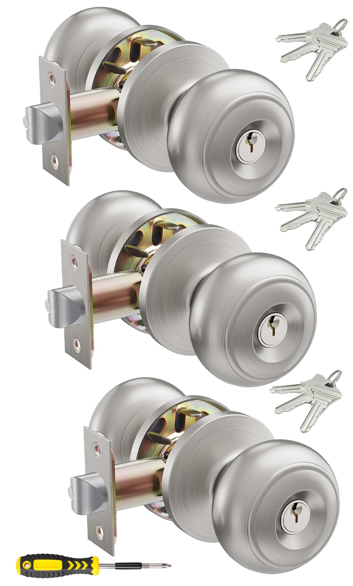 3-Pack Keyed Door Knobs - Stainless Steel Entry Locks for Home Security