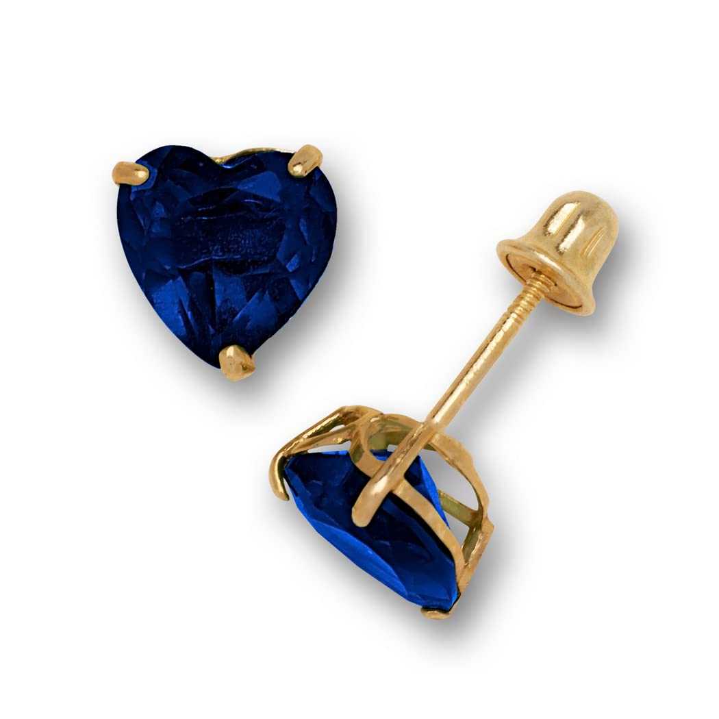 14K Yellow Gold Heart-Shaped Cubic Zirconia Stud Earrings - Screw Back Solitaire Basket Set (12 Colors) | Perfect Birthday Gift, Anniversary Present & Everyday Elegant Jewelry