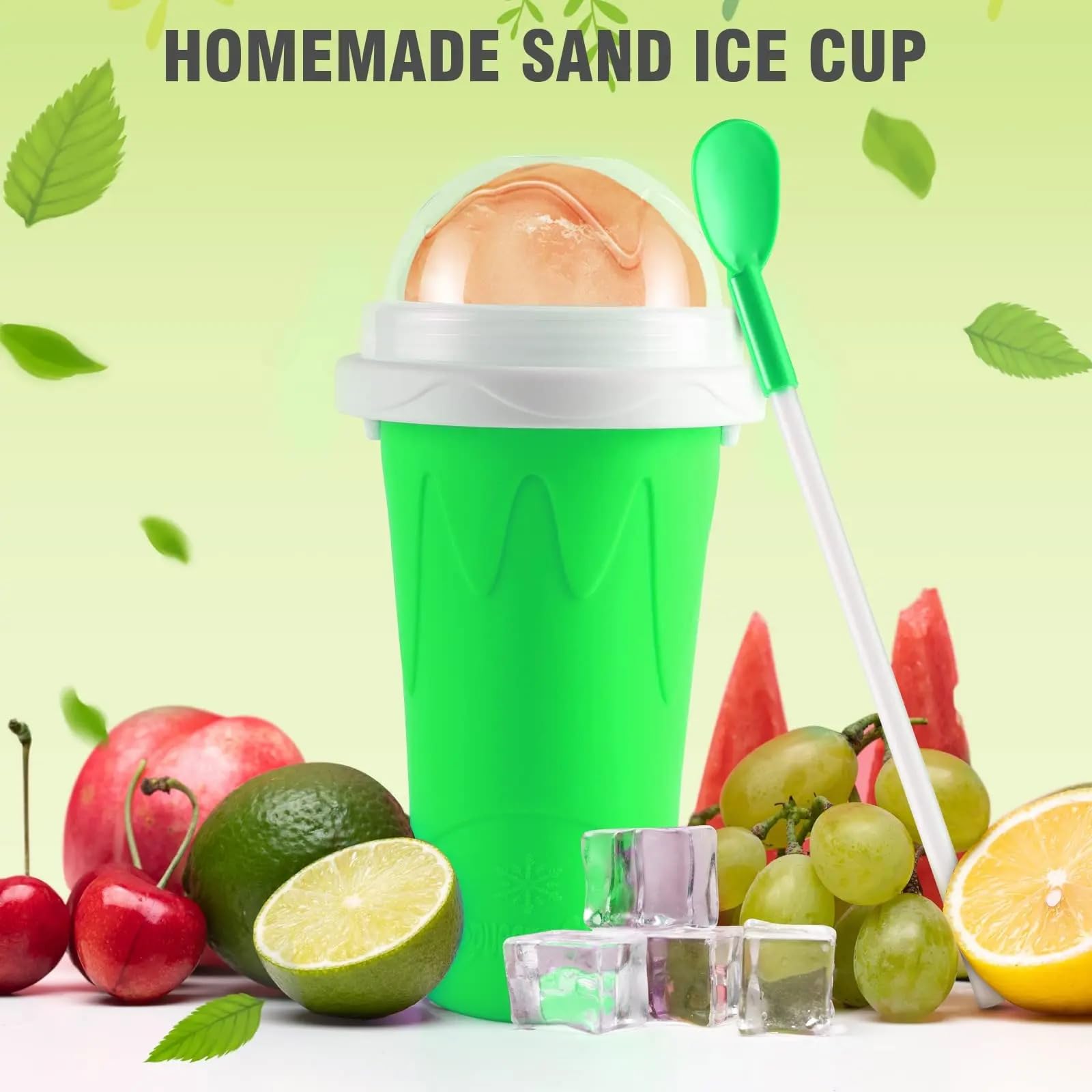 **Quick Frozen Magic Slushy Maker Cup - Portable Smoothie & Ice Cream Cup with Spoon & Straw (Green) - Perfect for Summer Drinks, Kids Snacks & Party Treats**