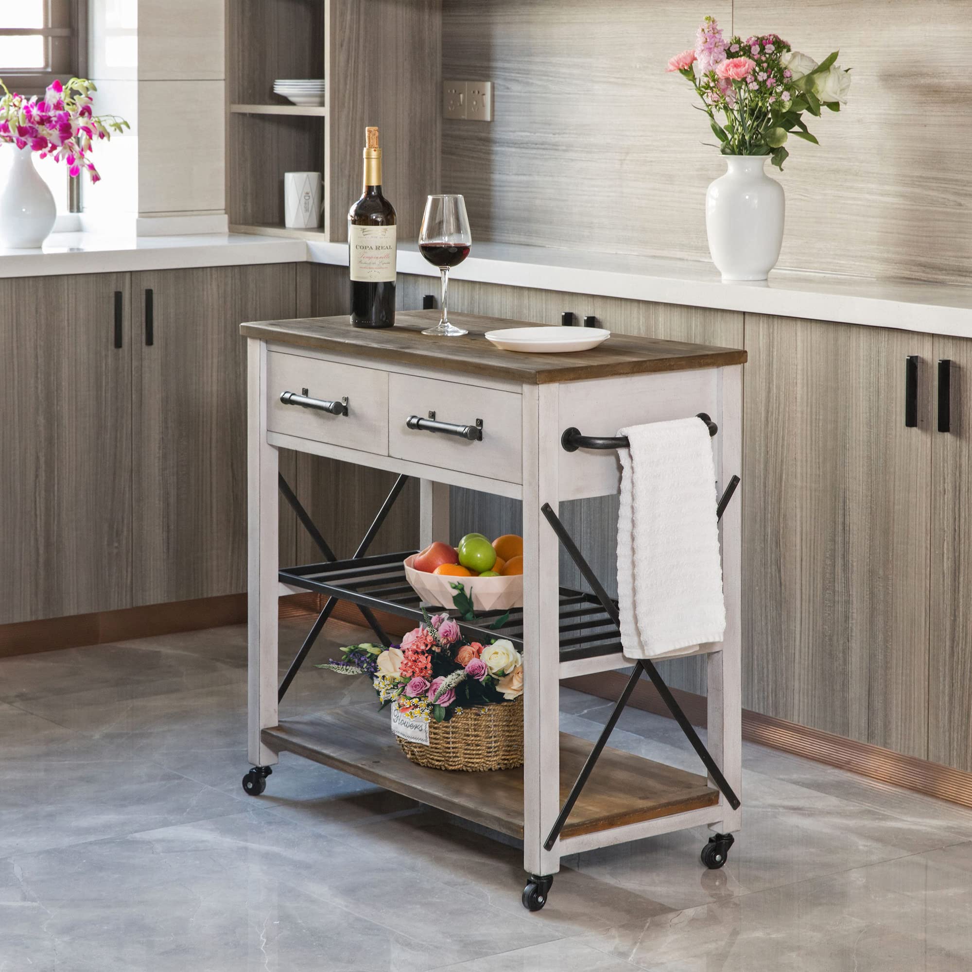 FirsTime & Co. Off-White and Brown Aurora Kitchen Cart - Mobile Coffee Bar, Microwave Stand with Storage - Farmhouse Style Wood & Metal Kitchen Island for Small Spaces, Apartments & Home Use