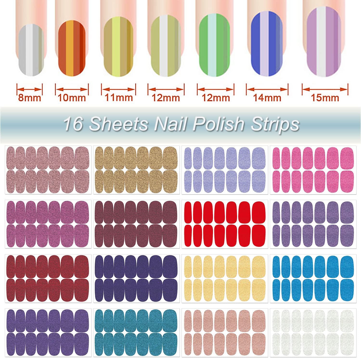 DANNEASY 16 Sheets Self-Adhesive Nail Polish Stickers - Full Nail Wraps Gel Strips for Women & Girls, Includes Nail File & Cuticle Stick (Glitter Series) | Perfect for DIY Manicures, Parties, Gifts & Special Occasions