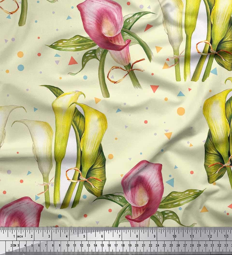 Soimoi 100% Cotton Cambric Fabric - Yellow Floral Print with Triangle, Leaves & Lily Flowers - 56