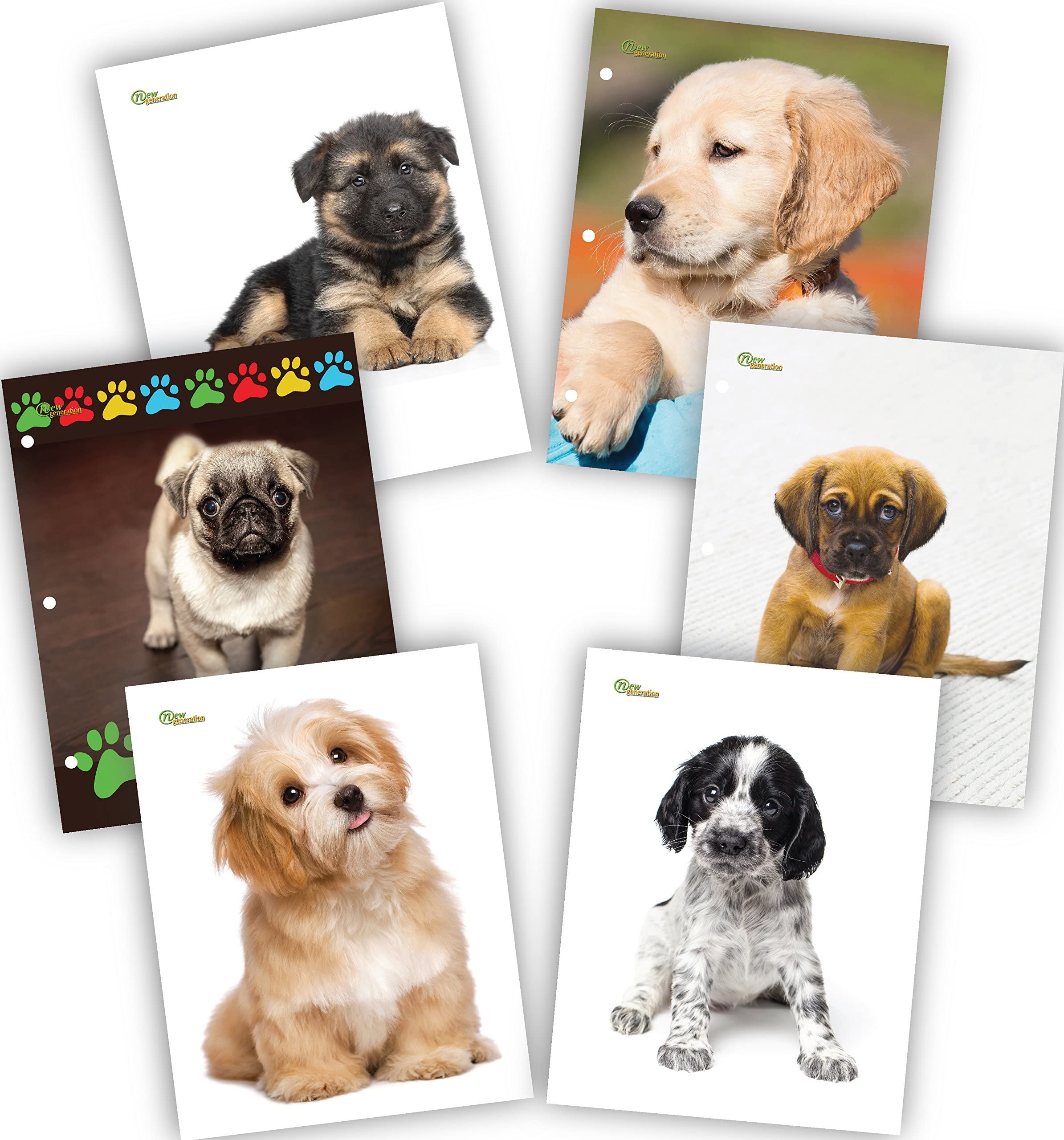Premium 6-Pack Letter Size 2-Pocket Folders for Puppies - Heavy Duty Glossy UV Laminated with 3-Hole Punch - Assorted Fashion Designs - Perfect for School, Office & Pet Lover Organization
