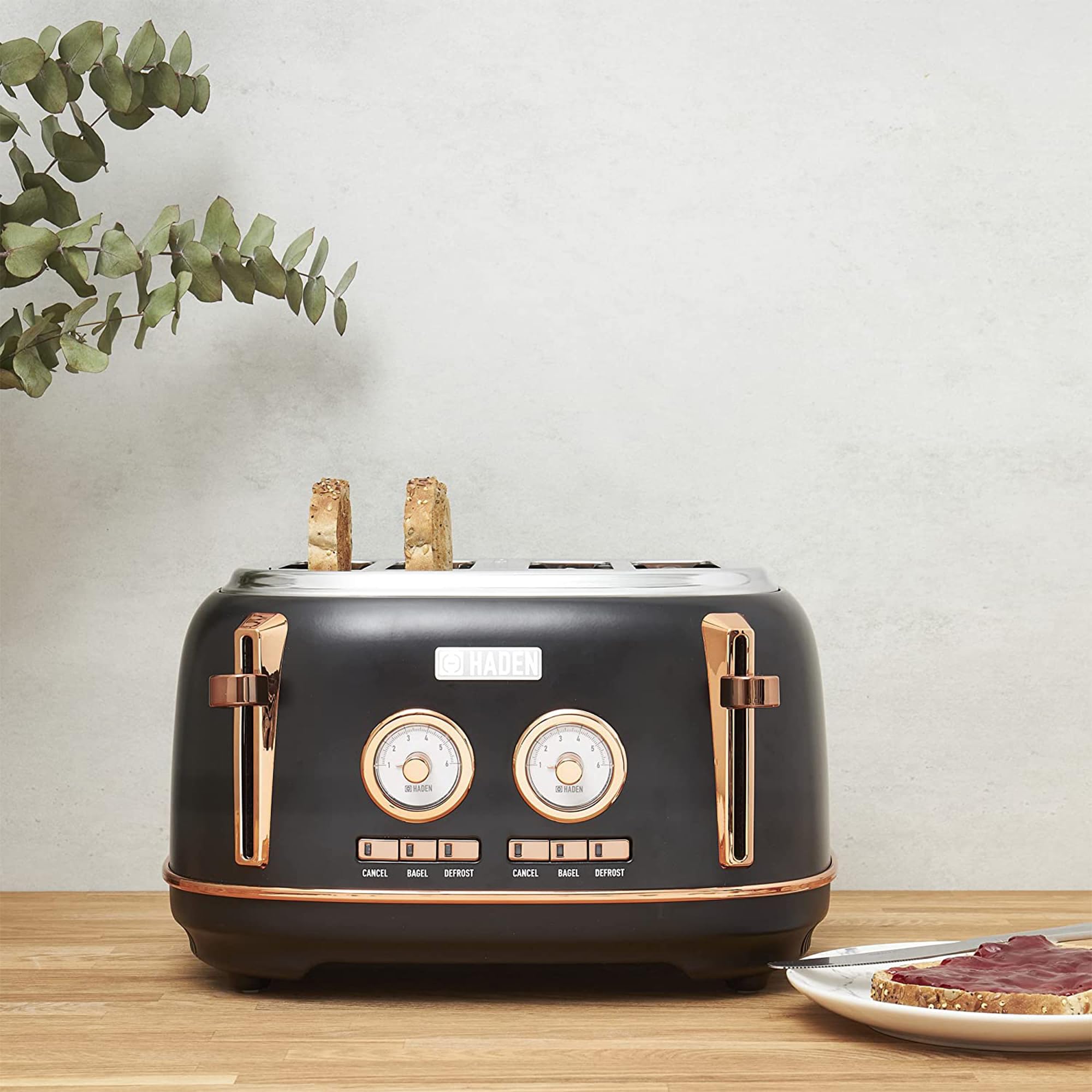 Haden Dorset 4-Slice Wide Slot Stainless Steel Toaster with 12-Cup Programmable Drip Coffee Maker Set, Black & Copper - Perfect for Breakfast, Kitchen, and Office Use