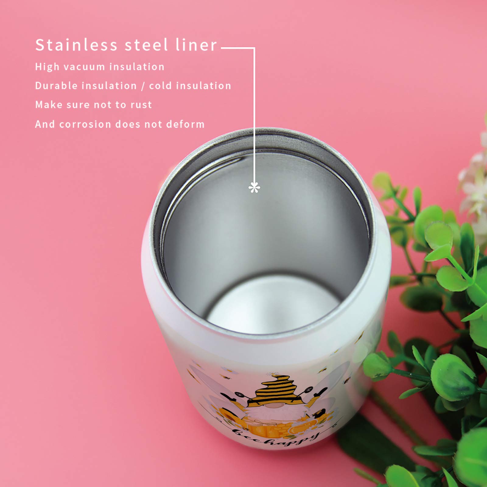 10oz Stainless Steel Tumbler with Lid & Straw - Double Wall Vacuum Insulated Travel Mug, Cute Bee Gnome Design Water Bottle for Coffee, Tea & Beverages - Perfect for Adults & Kids, Office, Gym, Hiking & Outdoor Activities