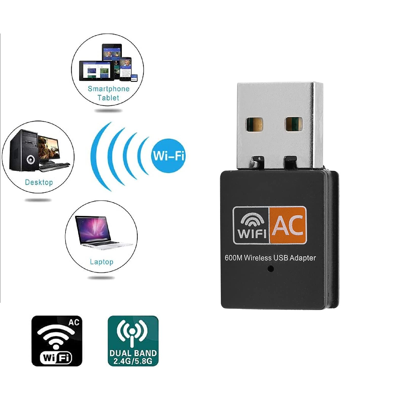 Zunate 600Mbps Dual Band USB WiFi Adapter for PC Laptop - Black | Fast 2.4G/5G for Gaming Streaming