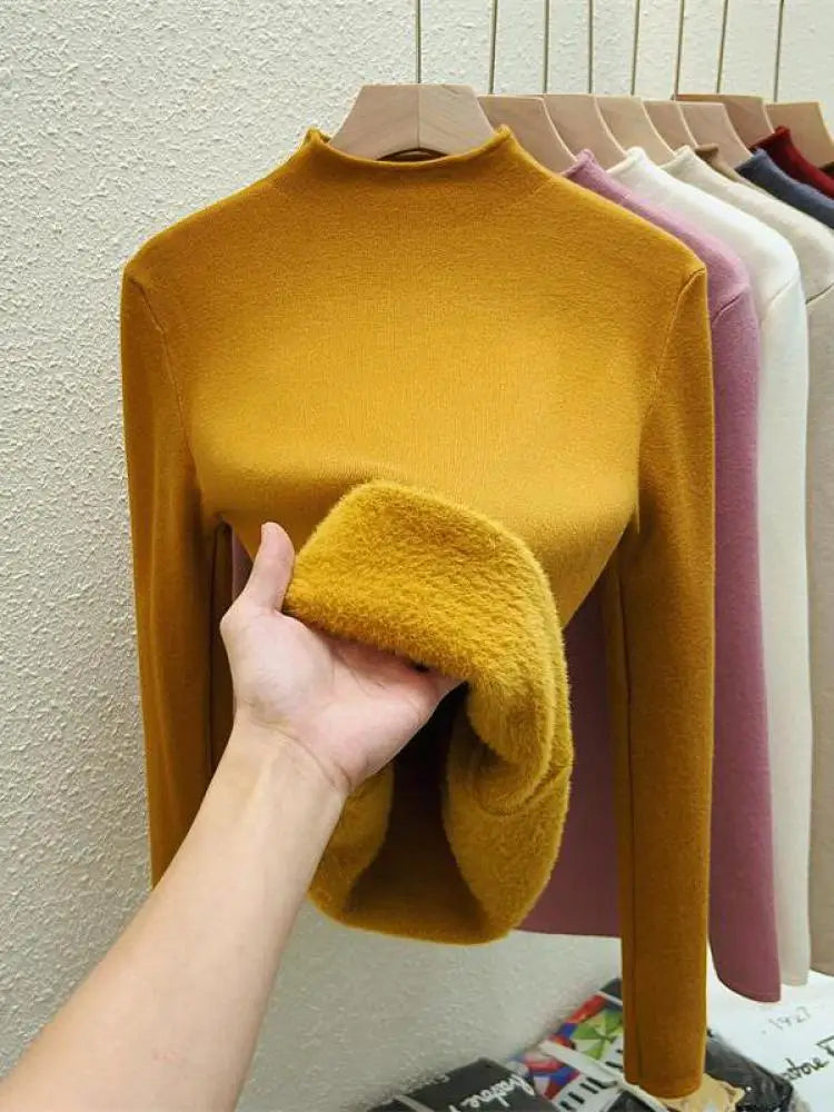 Women's Solid Half High Neck Velvet Sweater - Korean Fashion Warm Knitwear Long Sleeve Pullover Top for Autumn Winter | Cozy Casual Wear, Office Outfits & Holiday Layering