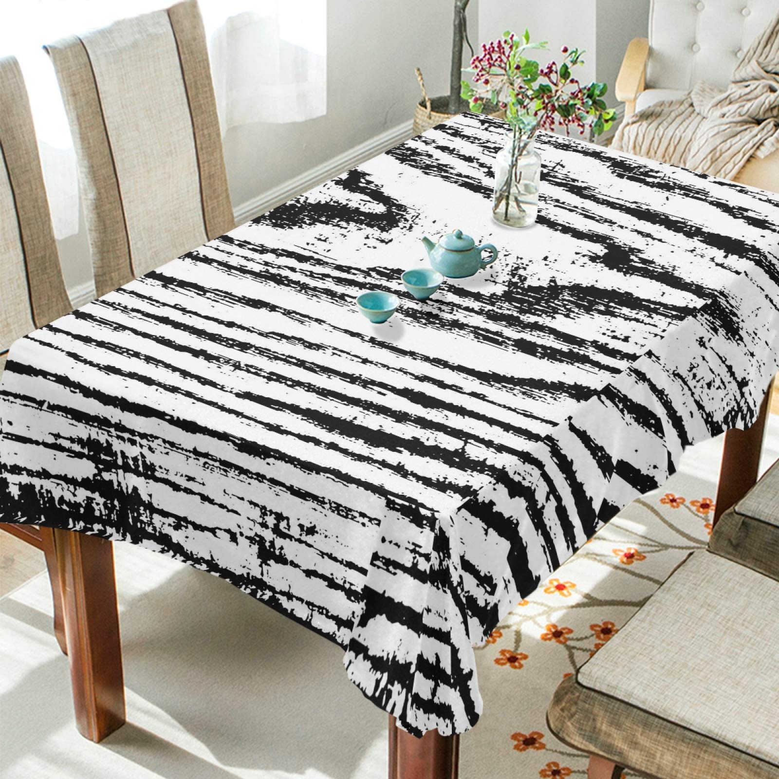 Washable Spill-Proof Square Tablecloth - Black & White Wood Pattern for Kitchen, Dining Room, Party - Indoor & Outdoor Use - Perfect for Daily Meals, Picnics, and Special Events