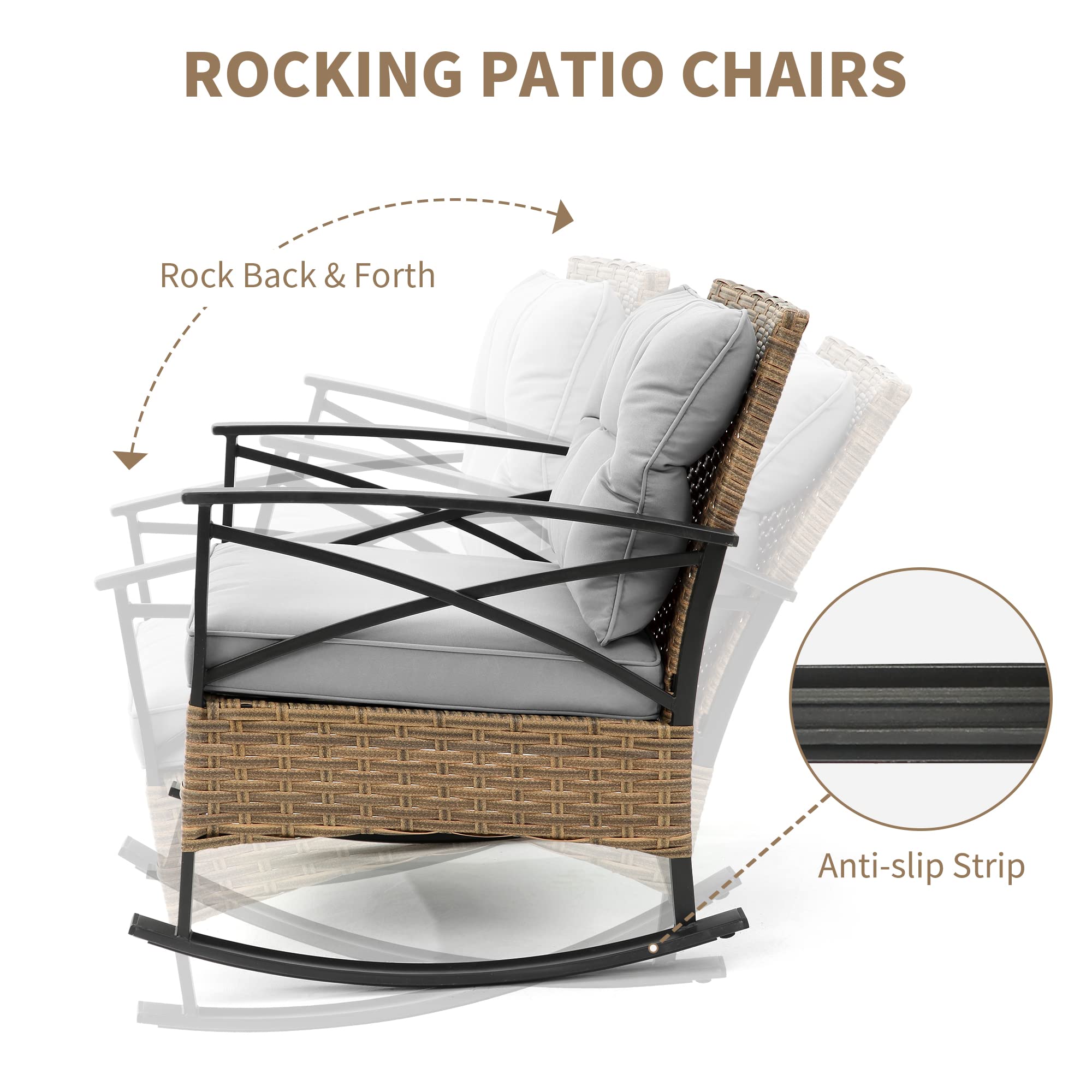HOMEFUN 3-Piece Outdoor Patio Furniture Set - 2 Rocking Chairs with Thick Cushions, Durable Porch & Backyard Seating for Relaxing, Garden, Deck, Poolside