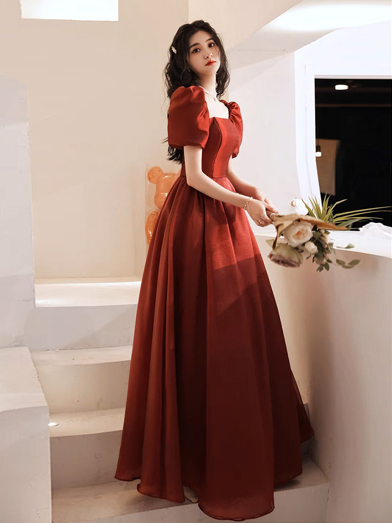 Elegant A-Line Puff Sleeves Organza Burgundy Long Prom Dress & Evening Gown for Homecoming, Wedding, Party - Formal Occasions & Special Events