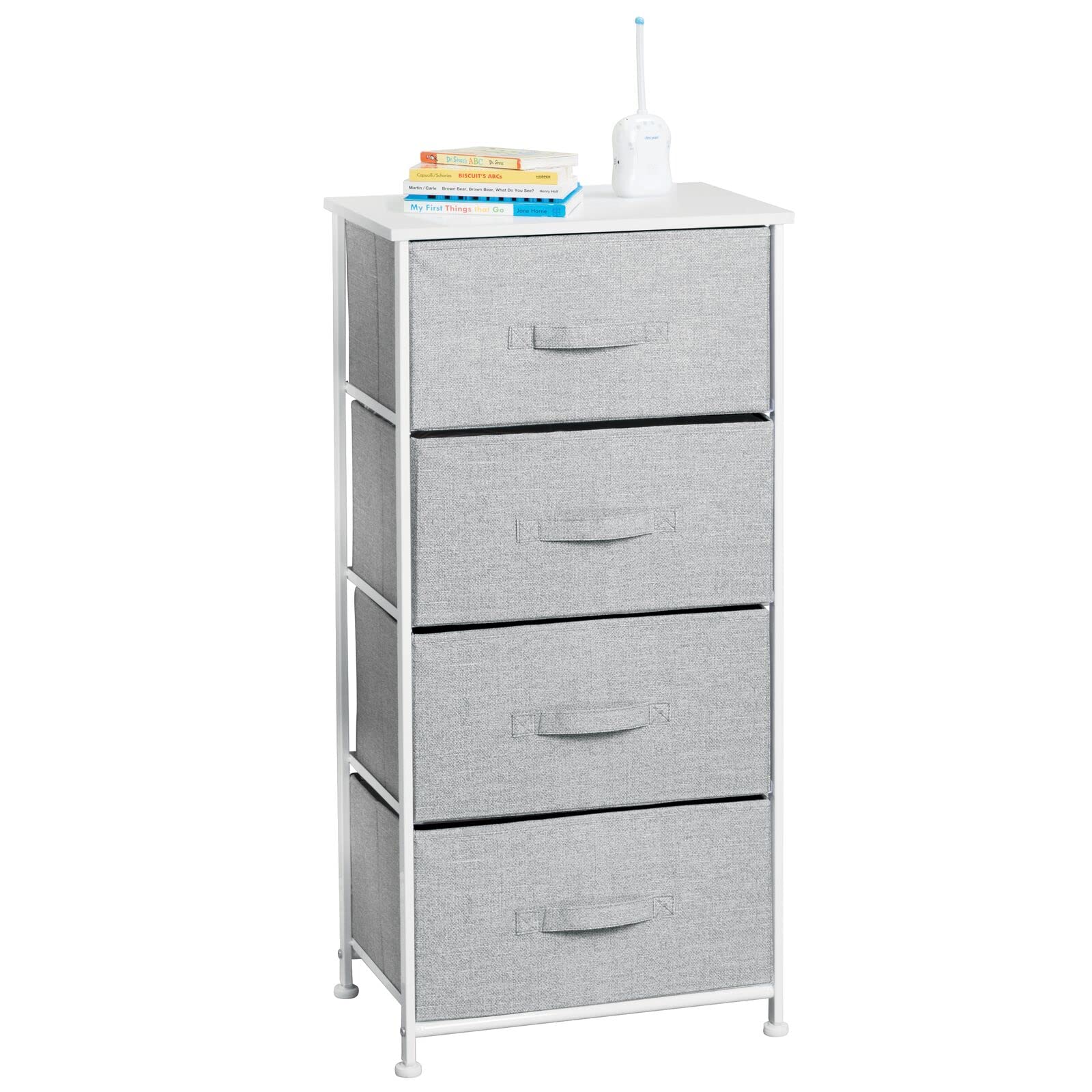 mDesign 4-Drawer Fabric Storage Tower Stand with Steel Frame & Wood Top - Tall Dresser Organizer for Bedroom, Closet, Entryway - Lido Collection in Gray - Perfect for Small Space Organization & Home Decor