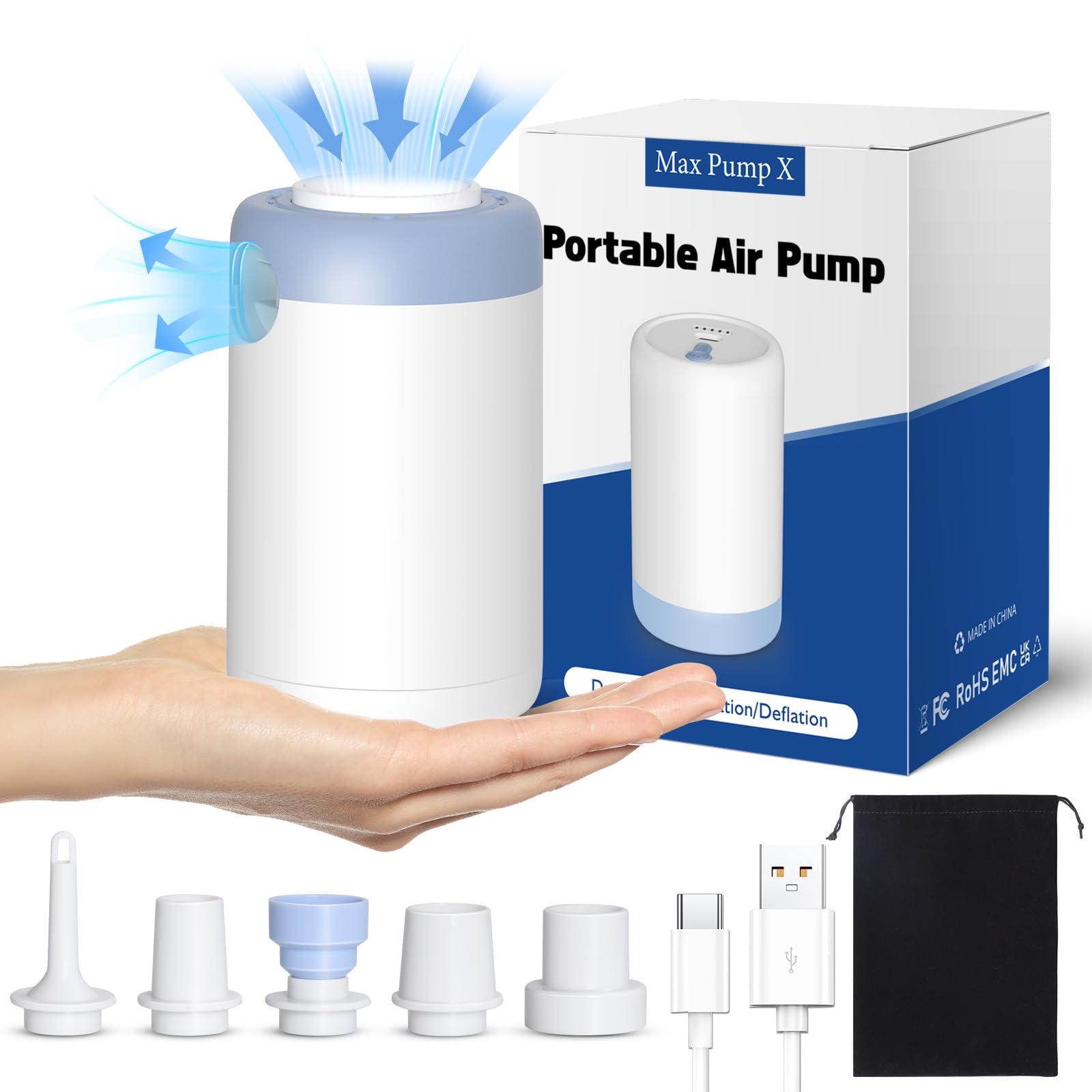 2-in-1 Portable Air Pump for Inflatables & Deflatables - USB Rechargeable with 1500mAh Battery & 5 Nozzles - Perfect for Pool Floats, Air Mattresses, Swimming Rings, Beach Toys, Camping Gear & Vacuum Storage Bags - Quick Inflation for Outdoor Activities, Travel & Home Organization