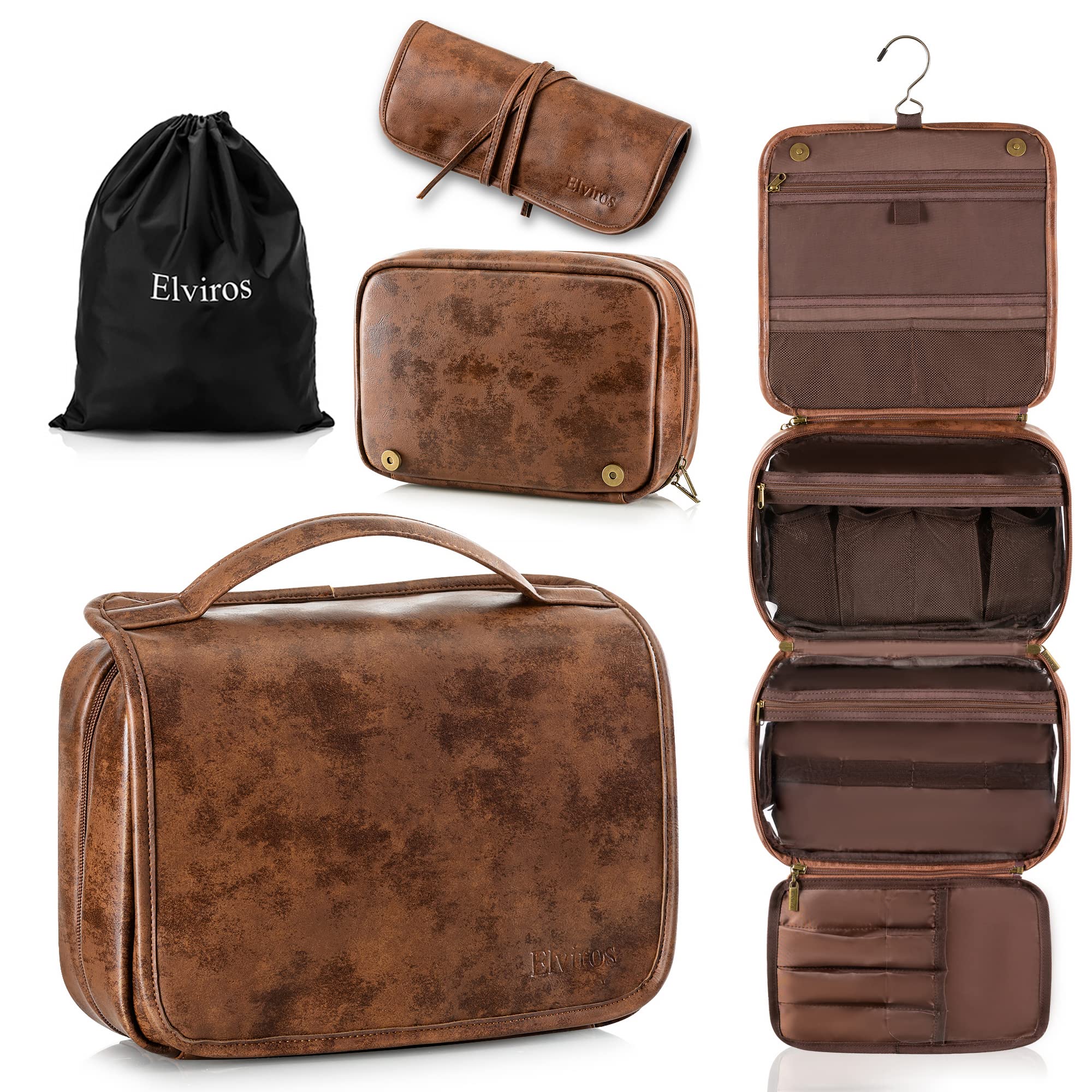 Elviros Hanging Travel Toiletry Bag with Removable Compartments - PU Leather Cosmetic & Makeup Organizer Kit (Dark Brown) - Perfect for Bathroom Storage, Camping, and Business Trips
