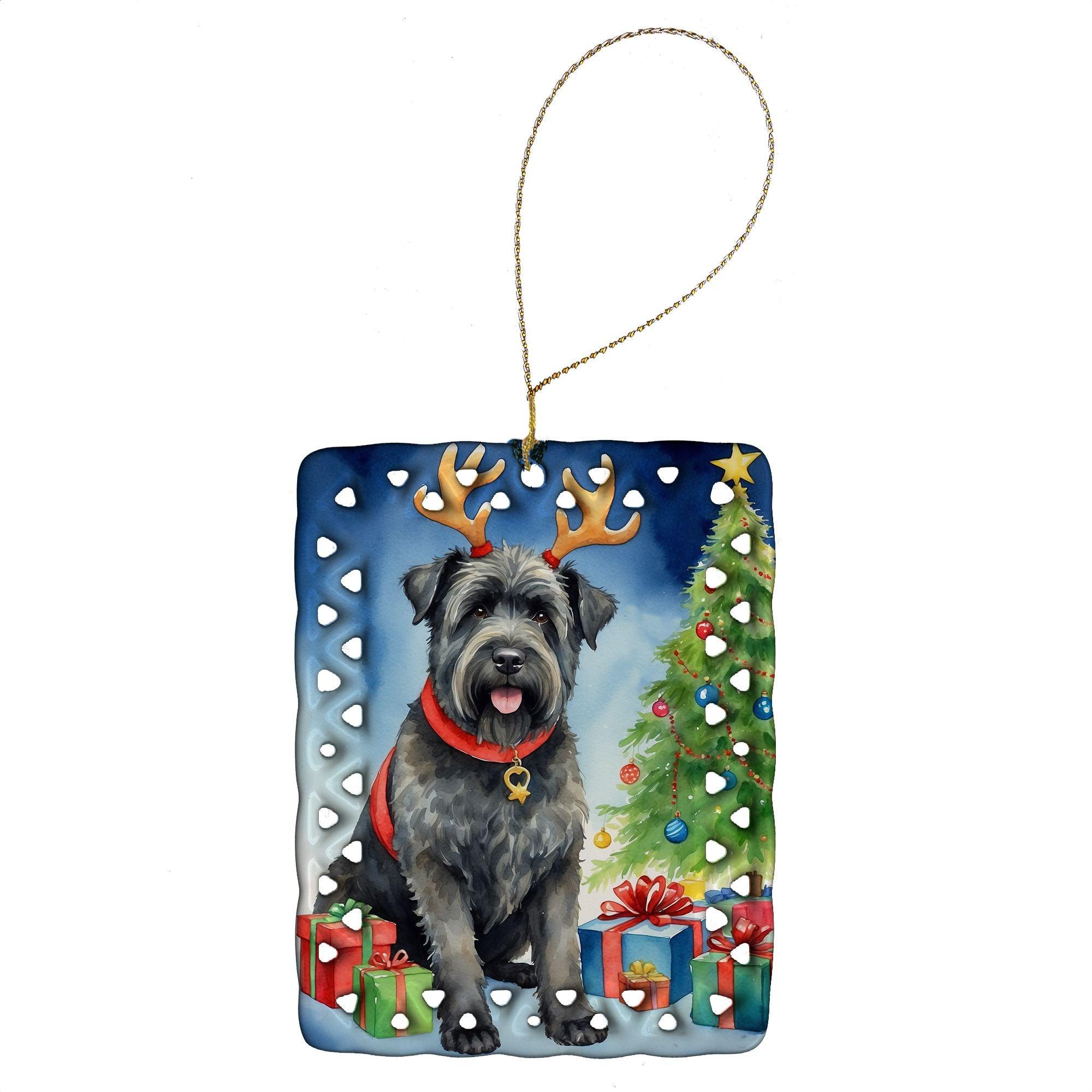 Bouvier des Flandres Christmas Reindeer Porcelain Ornament - Handmade Holiday Tree Hanging Decor for Home, Festive Rectangle Gift in Multicolor | Perfect for Christmas Tree Decorations, Holiday Party Favors and Seasonal Home Decor