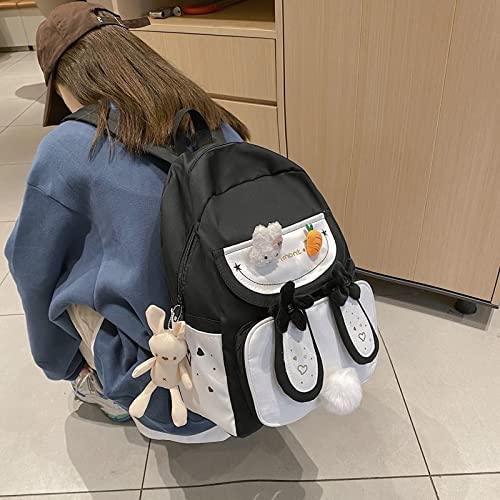 Cute Bunny Ear Backpack with Bear Pendant - Large Black School Bag for Teen Girls, Women | Perfect for School, College, Travel & Daily Use