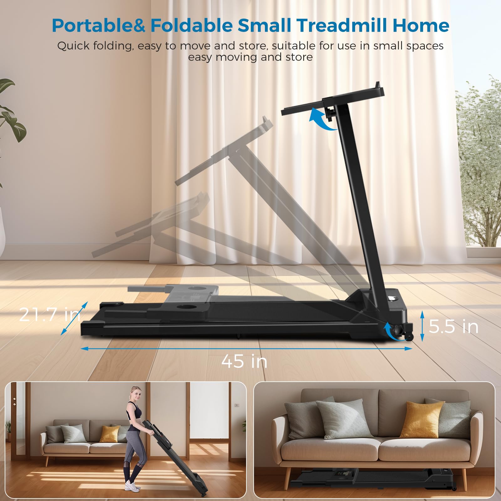 2025 Upgraded Portable Electric Treadmill for Home - 300 lbs Capacity Folding Walking Pad with LED Display & Handles | Compact Lightweight Treadmill for Small Spaces, Apartment Workouts & Home Office Fitness