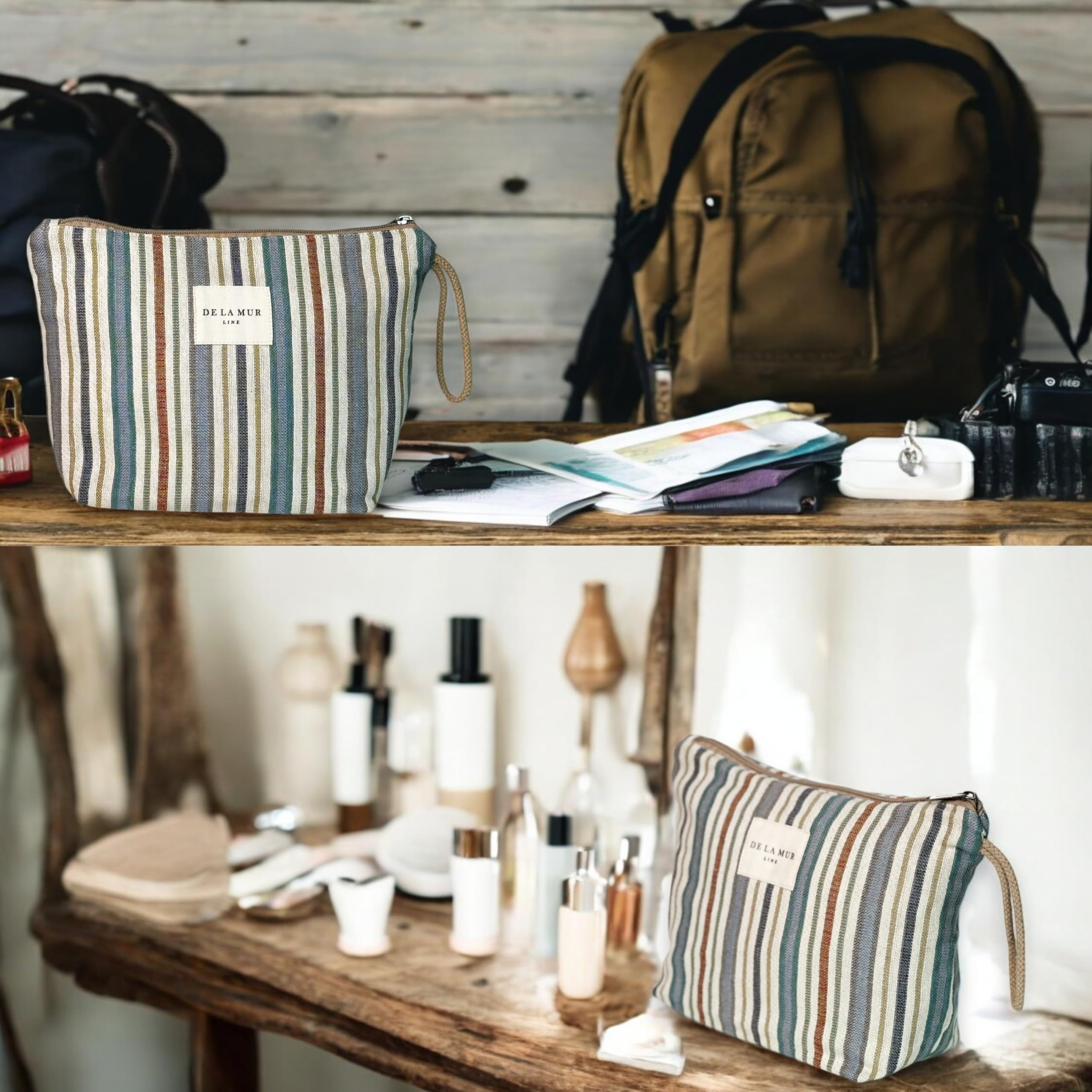 Large Boho Striped Travel Makeup Bag – Spacious Cosmetic & Toiletry Organizer for Women – Waterproof Travel Essentials Pouch for Skincare & Makeup | Perfect for Vacation, Gym & Weekend Getaways | Made in Barcelona, Spain