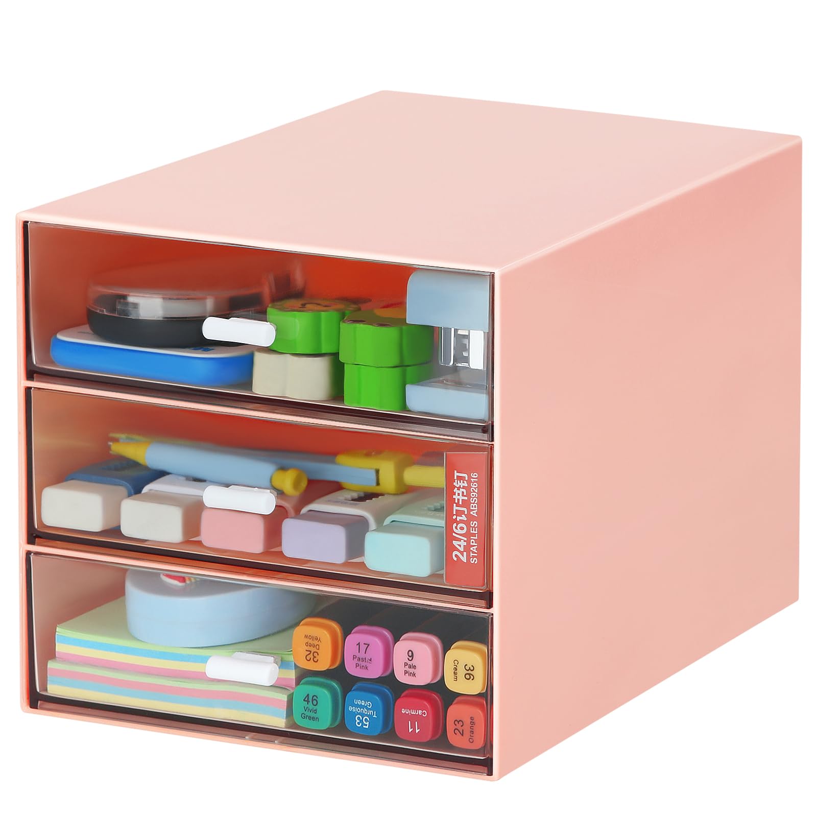 4-Drawer Clear Plastic Desk Organizer - Pink Office Storage Box for Pens, Pencils, Markers & Supplies | Perfect for Home Office, School & Workspace Organization