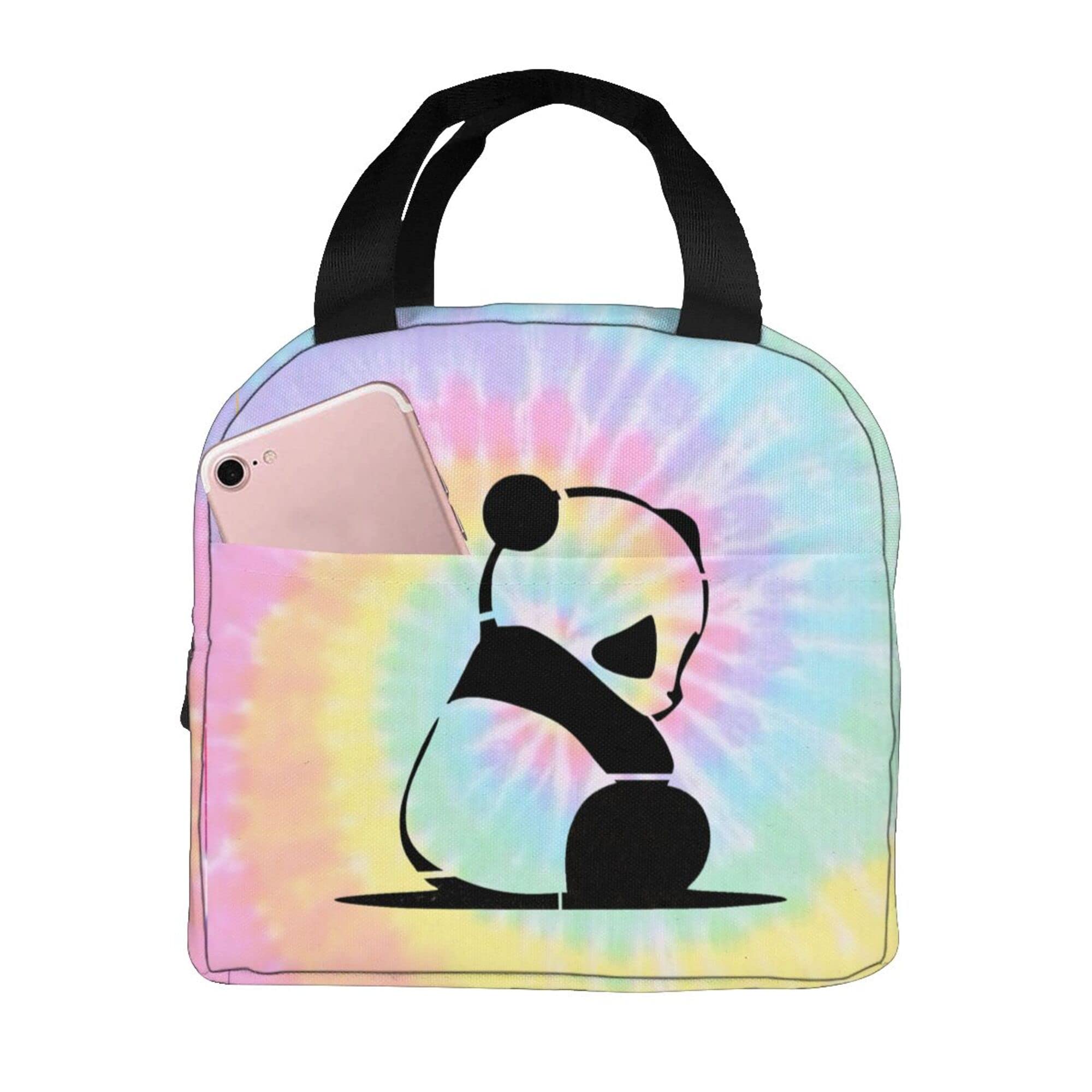 Reusable Panda Lunch Bag with Rainbow Tie Dye - Large Capacity Insulated Meal Tote for Women, Men, Kids - Eco-Friendly Lunch Box for Work, School, Picnics (Black, One Size)