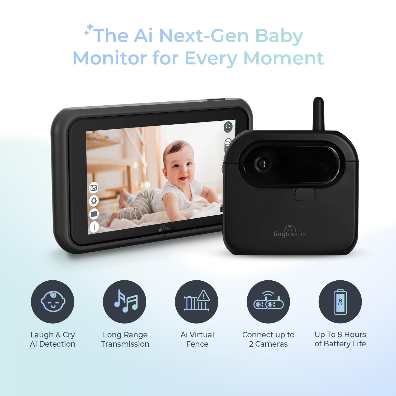 Tiny Traveler AI Smart Wireless Baby Car Monitor with Cry/Laugh/Stand Detection & Virtual Fence - 1000ft Long Range, Night Vision, Lullabies & Night Light for Safe Baby Monitoring in Cars, Strollers & Travel | Perfect for Road Trips & Family Outings
