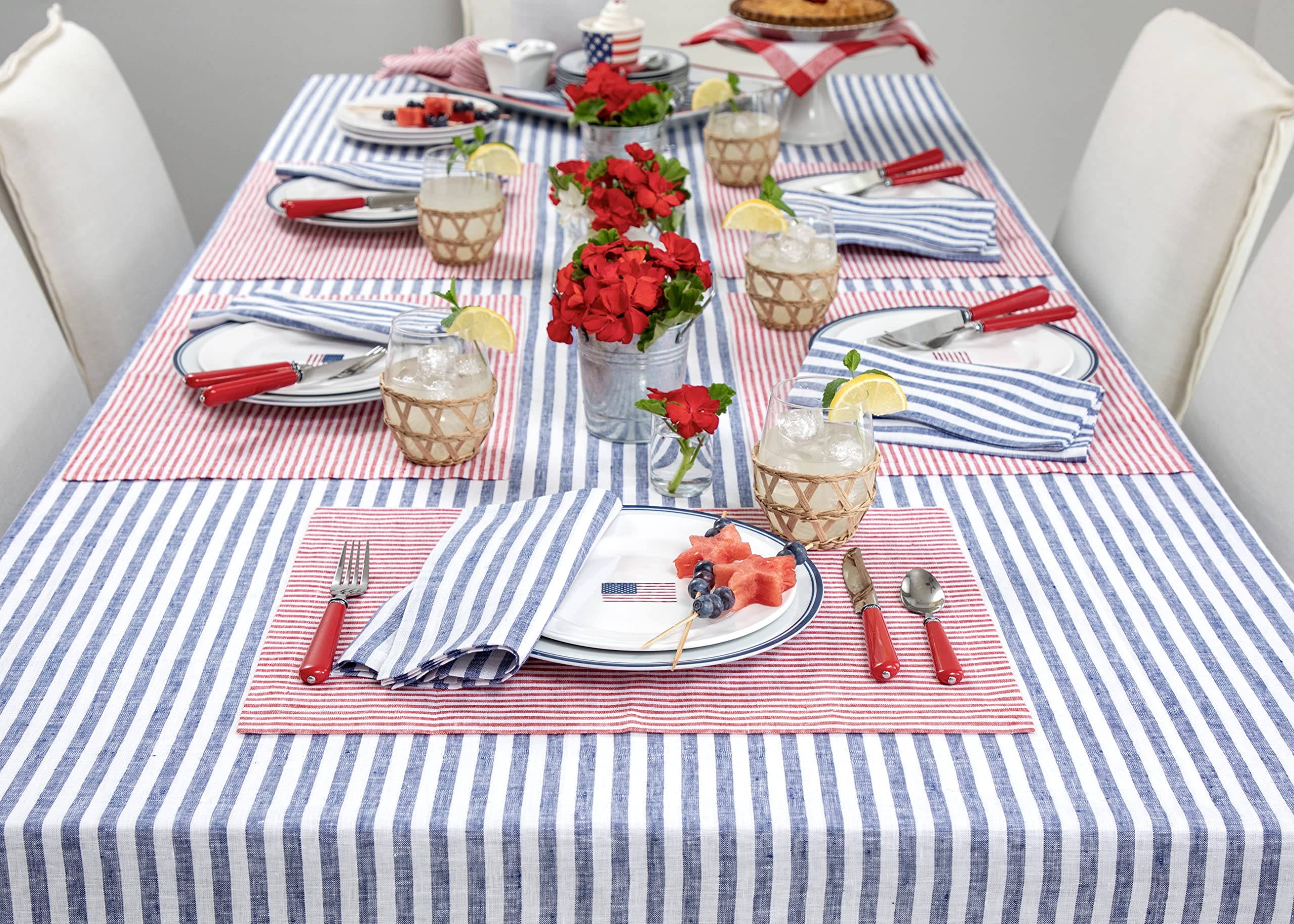 Solino Home 100% Pure Linen Tablecloth 60x108 Inch - Navy & White Striped Dining Table Cloth for Spring, Easter, Mother's Day Decor - Handcrafted, Machine Washable - Perfect for Farmhouse, Coastal, and Rustic Dining Room Decorations