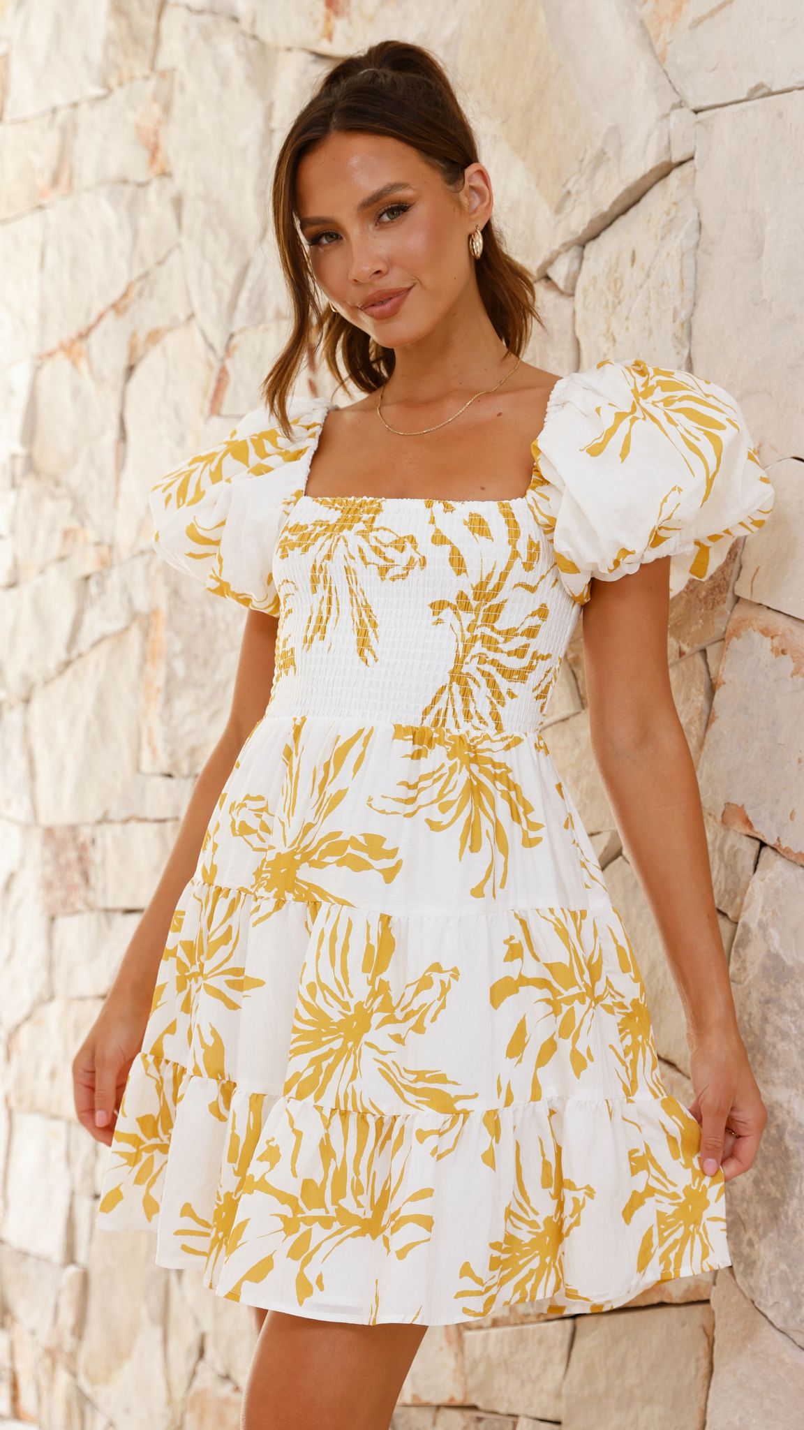 Bronty Mini Dress - Yellow Floral Print Summer Dress for Women | Casual & Party Wear | Perfect for Beach, Vacation & Date Nights