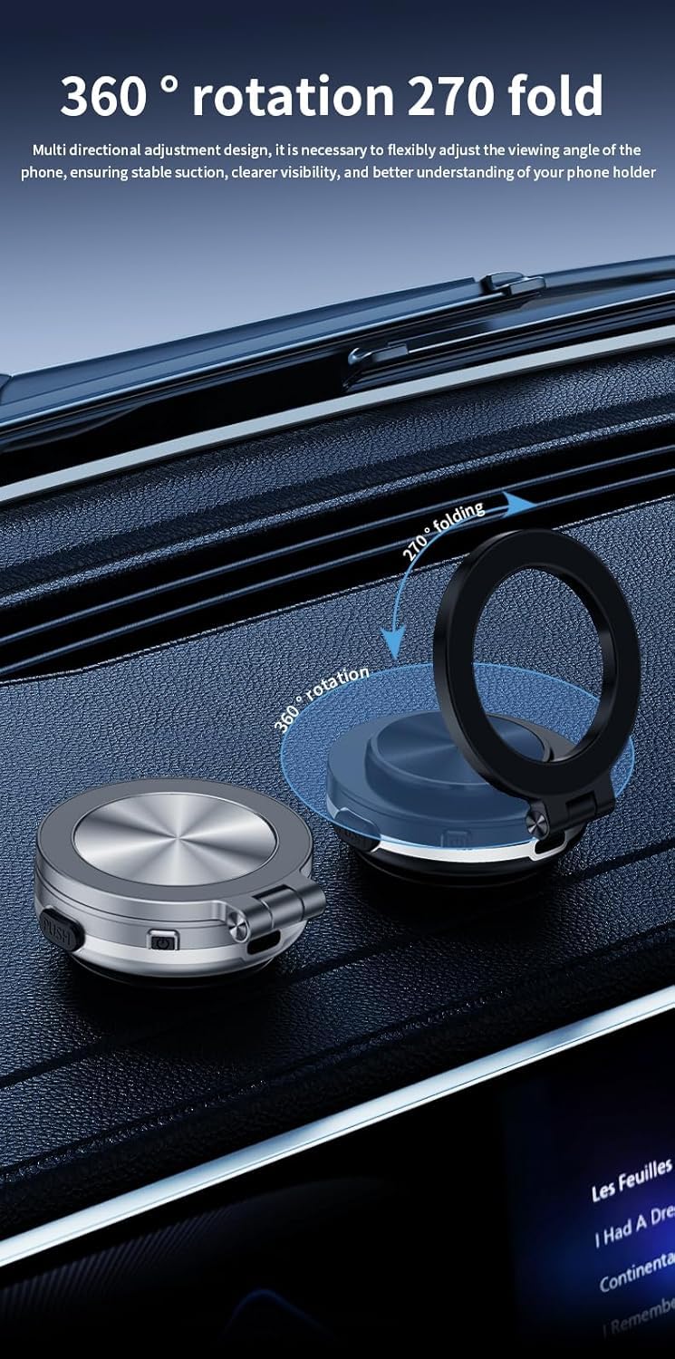 360° Rotatable Electric Vacuum Magnetic Car Phone Mount Holder - Strong Suction Cup & Foldable Design for iPhone, Samsung, GPS - Perfect for Driving, Navigation, Rideshare & Road Trips (Silver)