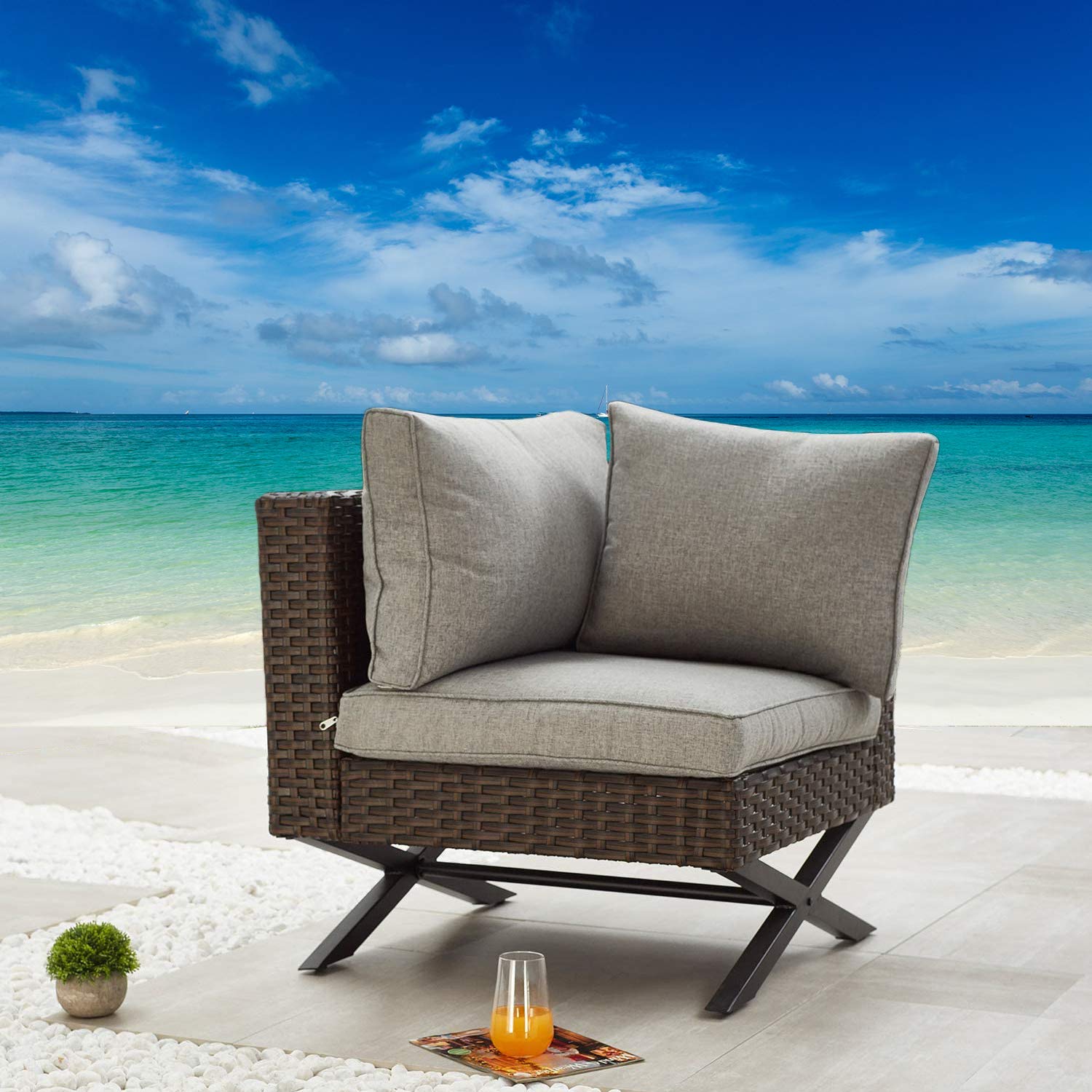 Festival Depot Wicker Patio Chair with Right Armrest - Rattan Dining Chair with Thick Cushions & X-Shaped Steel Legs - All-Weather Outdoor Furniture for Garden, Yard, Poolside - Perfect for Relaxing, Dining, and Entertaining Outdoors
