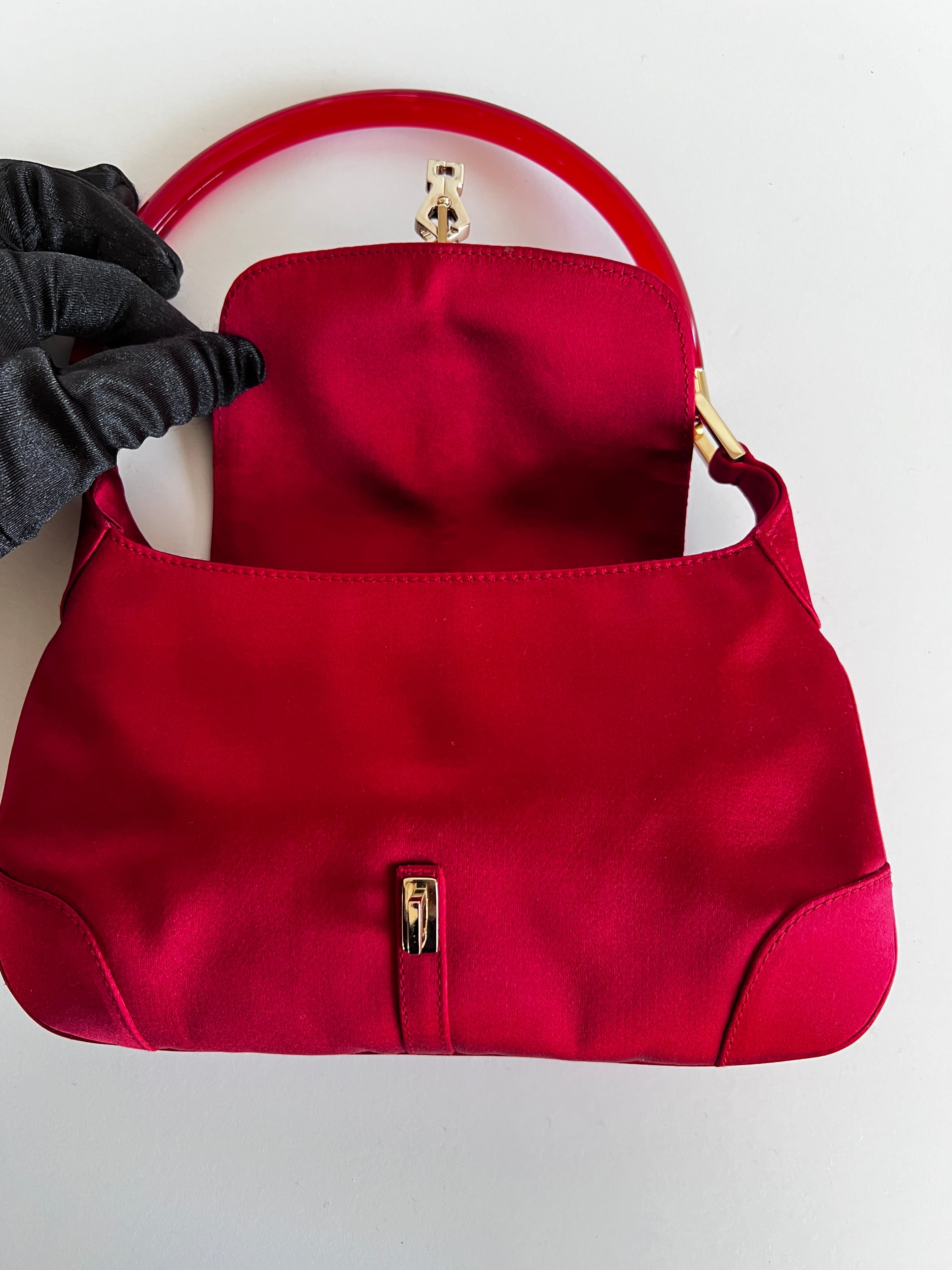 Gucci Red Satin Jackie Bag with Acrylic Handle - Elegant Shoulder Purse for Women, Perfect for Parties, Weddings & Evening Events