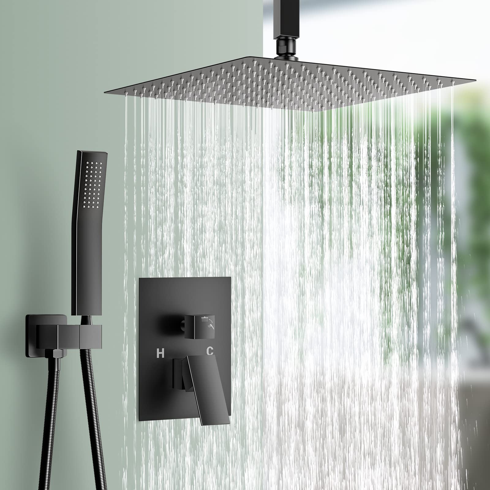 12 Inch Matte Black High Pressure Shower Head Combo Set - Rain Shower & Handheld Dual System with Ceiling Mount, Rough-in Valve & Trim - Perfect for Modern Bathroom Renovation & Spa-like Shower Experience