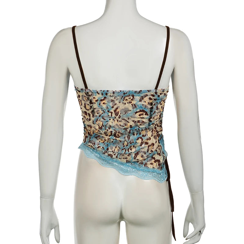 Vintage Asymmetrical Lace Camisole Top - Sexy Y2K Aesthetic Drawstring Crop Top for Women | Leopard Print Sheer Summer Party Top | Perfect for Clubbing, Date Nights & Music Festivals