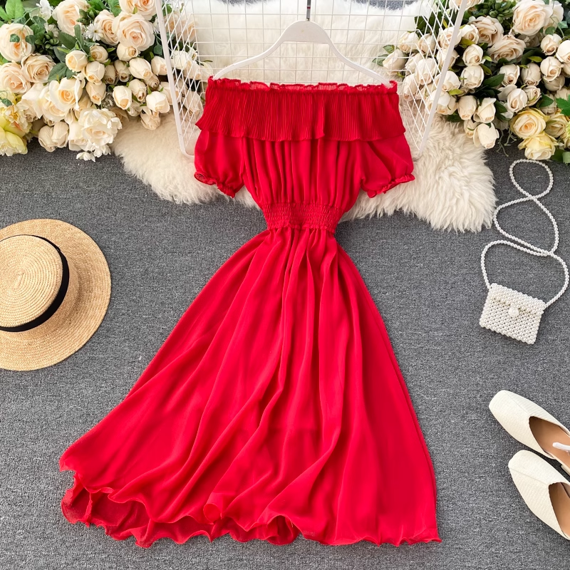 Stylish Women's Summer Pleated Chiffon Skirt with Ruffled Off-Shoulder Design - Perfect for Beach Vacations, Date Nights & Casual Outings