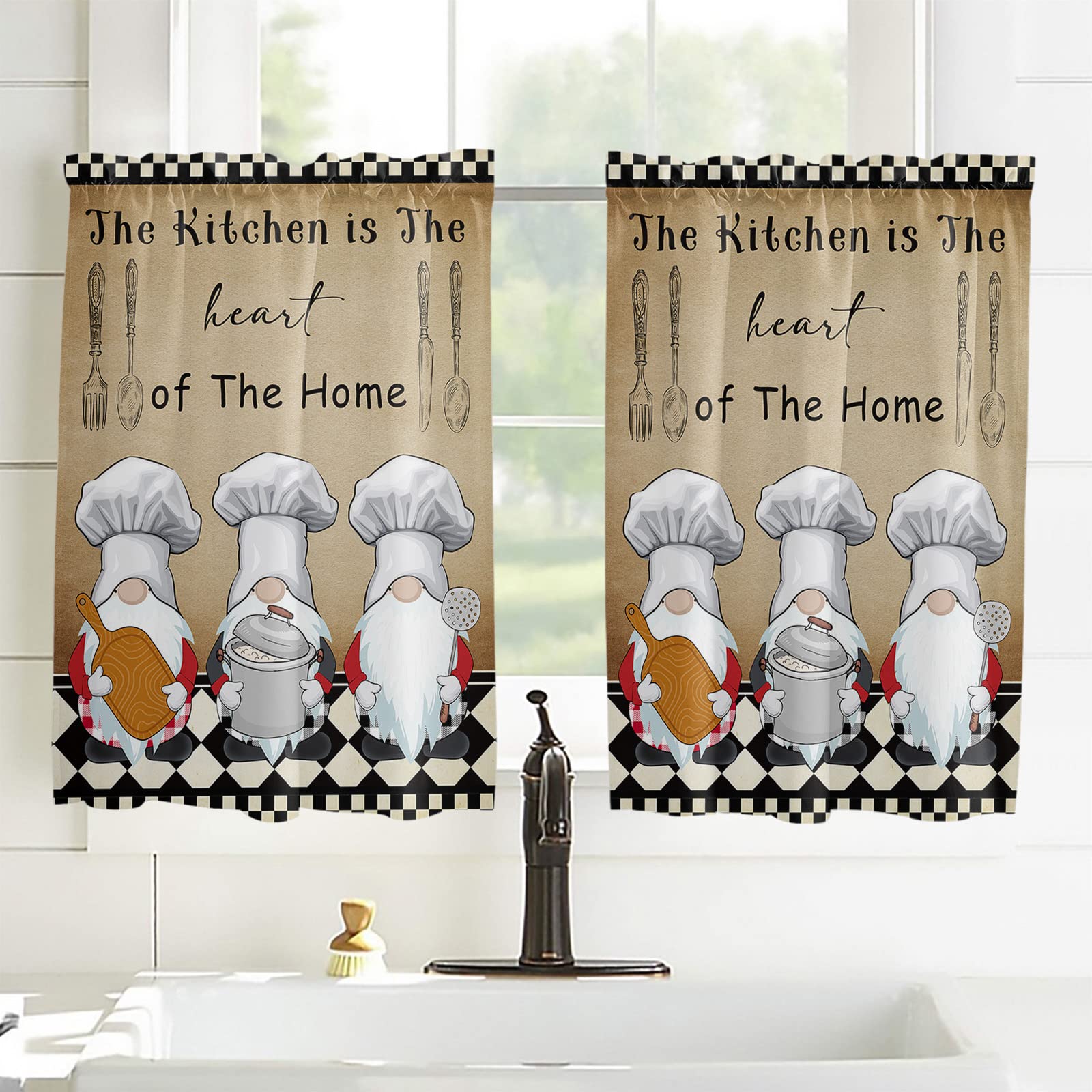 Chef Gnomes Black & White Buffalo Plaid Kitchen Curtains Set of 2 Panels - 55