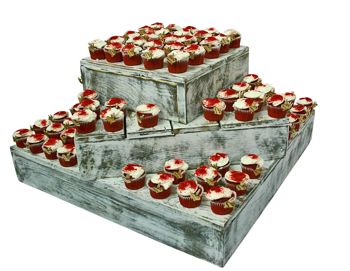3-Tier Rustic Wooden Wedding Cake Cupcake Stand - Farmhouse Country Barn Style (Distressed White) | Perfect for Rustic Weddings, Birthday Parties, and Vintage-Themed Events