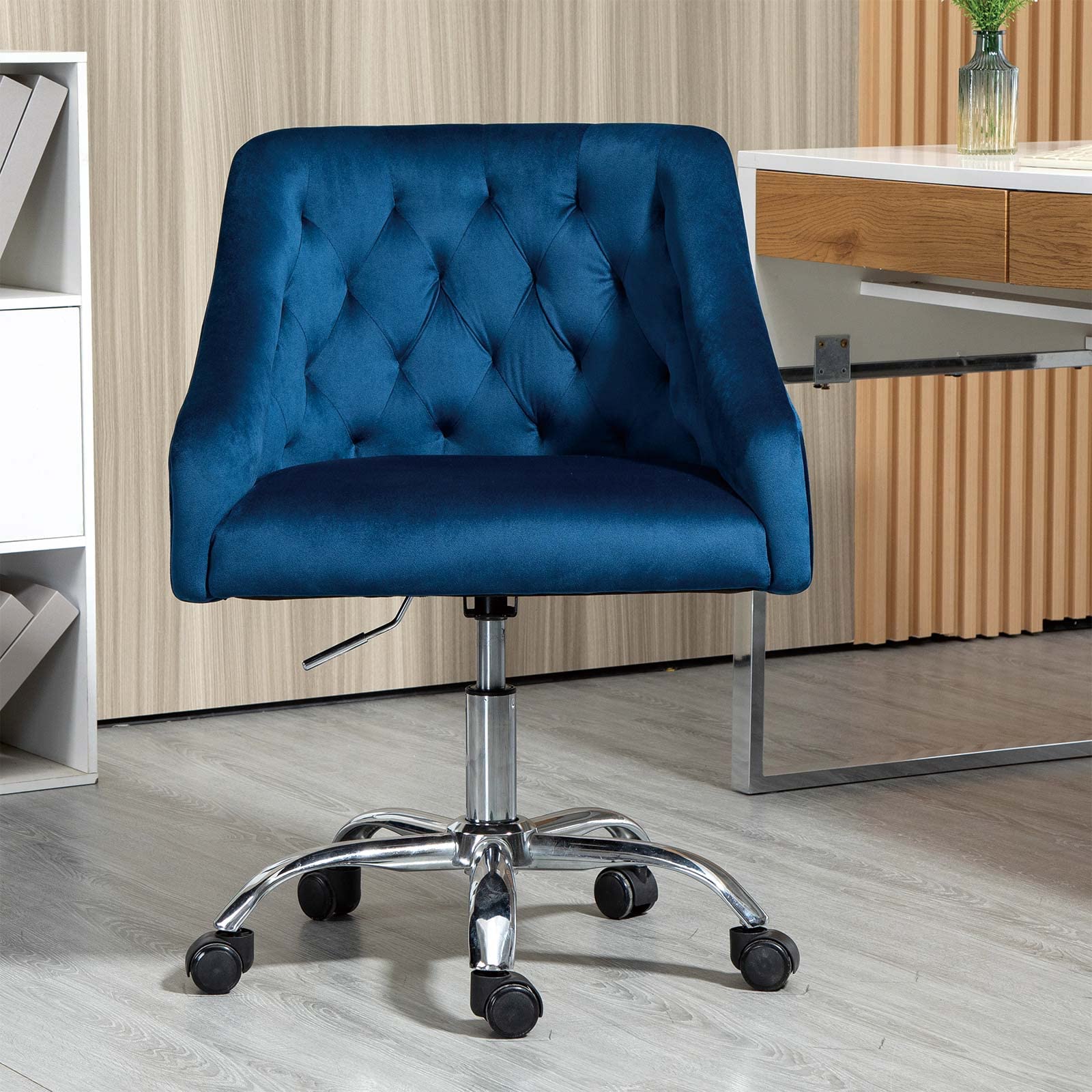 Velvet Home Office Chair - Modern Adjustable Swivel Armchair with Soft Seat | Upholstered Executive Desk Chair for Study, Living Room & Bedroom | Blue Accent Chair for Work, Reading & Relaxation