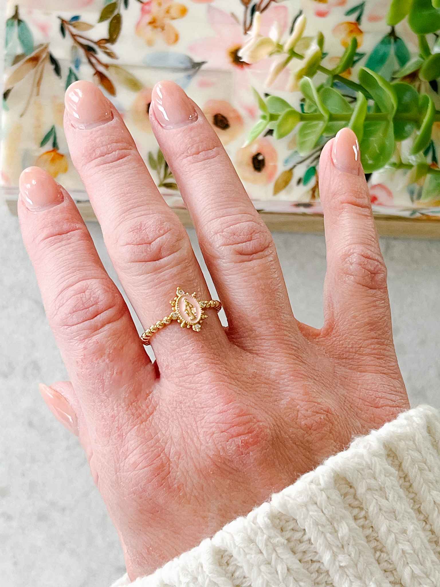 Heavenly Pink Lady Lourdes Ring - Elegant Religious Jewelry for Women, Perfect for Daily Wear, Church & Special Occasions