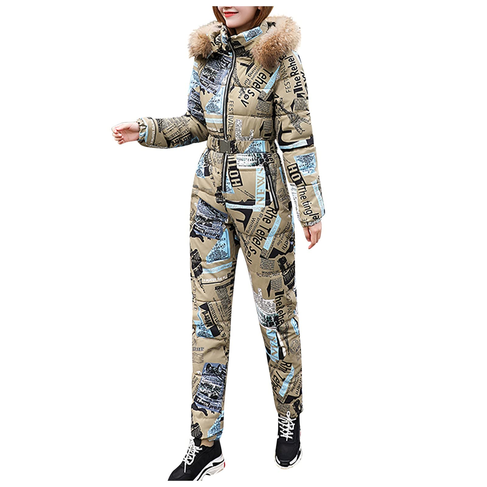 Women's Thick Hooded Ski Jumpsuit - Winter Snowboard Suit with Cotton Padding & Stylish Print - Plus Size Outdoor Sports Wear for Skiing, Snowboarding & Cold Weather Activities