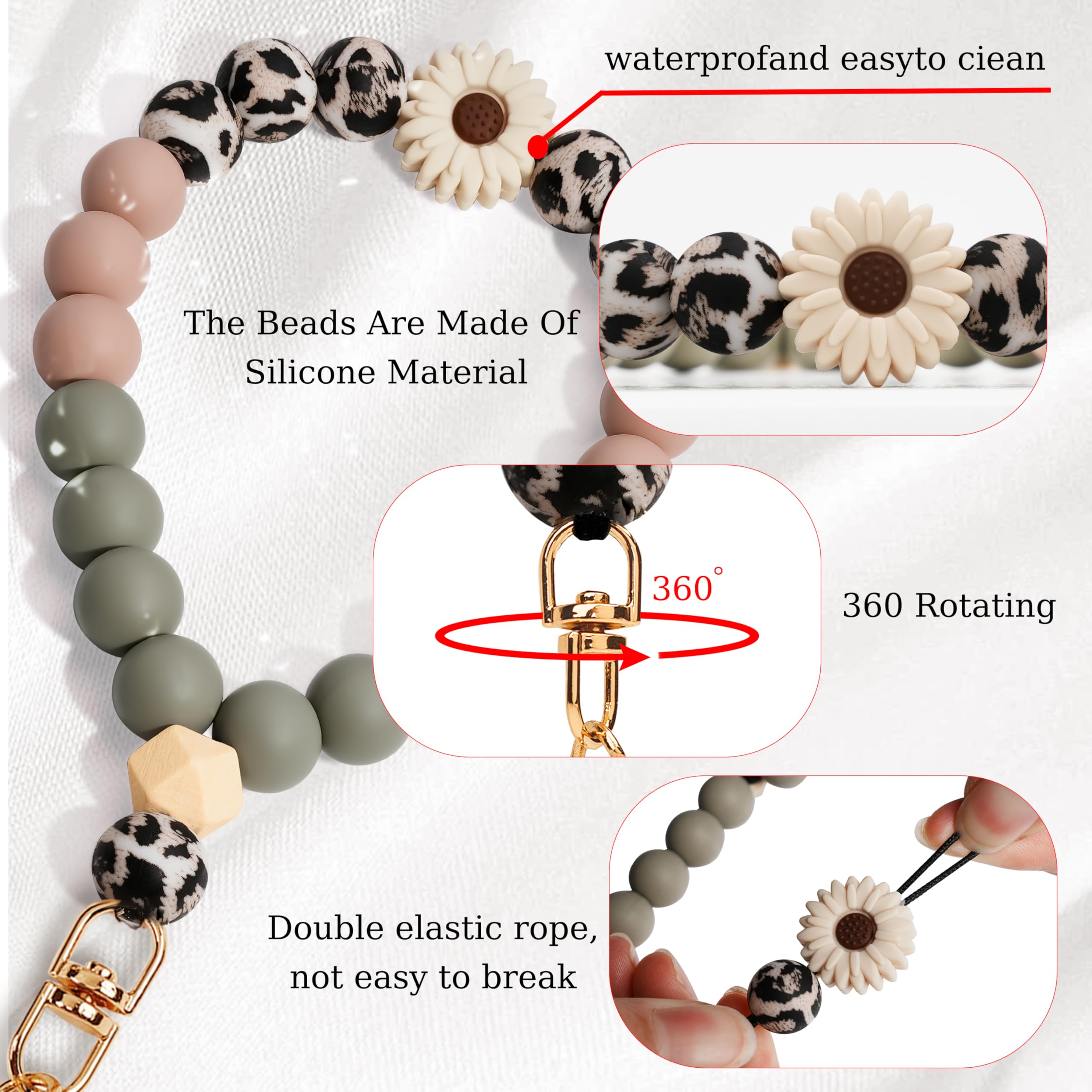 Silicone Beaded Phone Wrist Strap with Tether Tab - Elastic Hands-Free Phone Wristlet Strap for Smartphones (Daisy Leopard) - Perfect for Gym, Running, Shopping & Travel