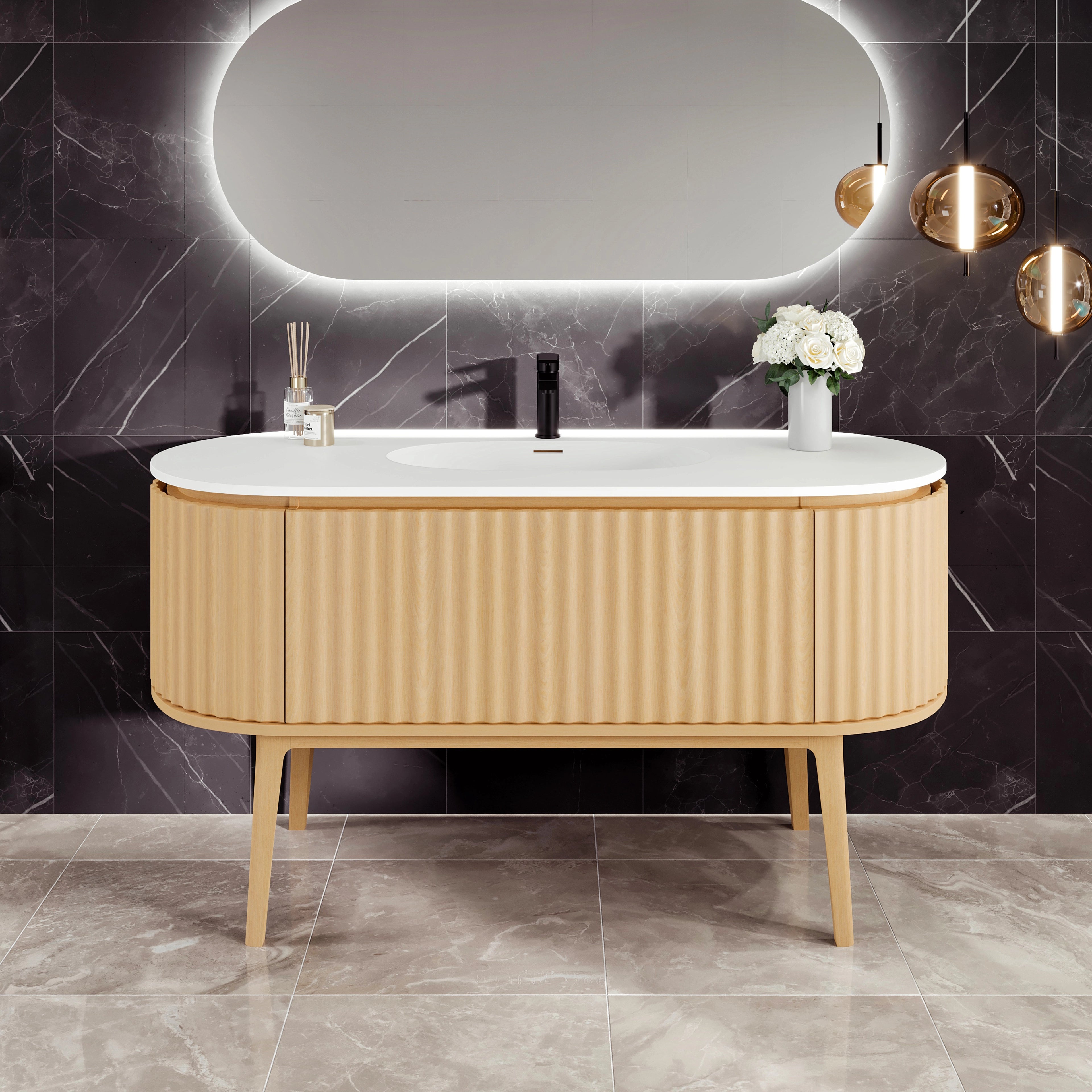 Haven 55 Inch Natural Oak Single Sink Bathroom Vanity with Solid Surface Countertop & Integrated Sink - Modern Farmhouse Style for Master Bath or Powder Room