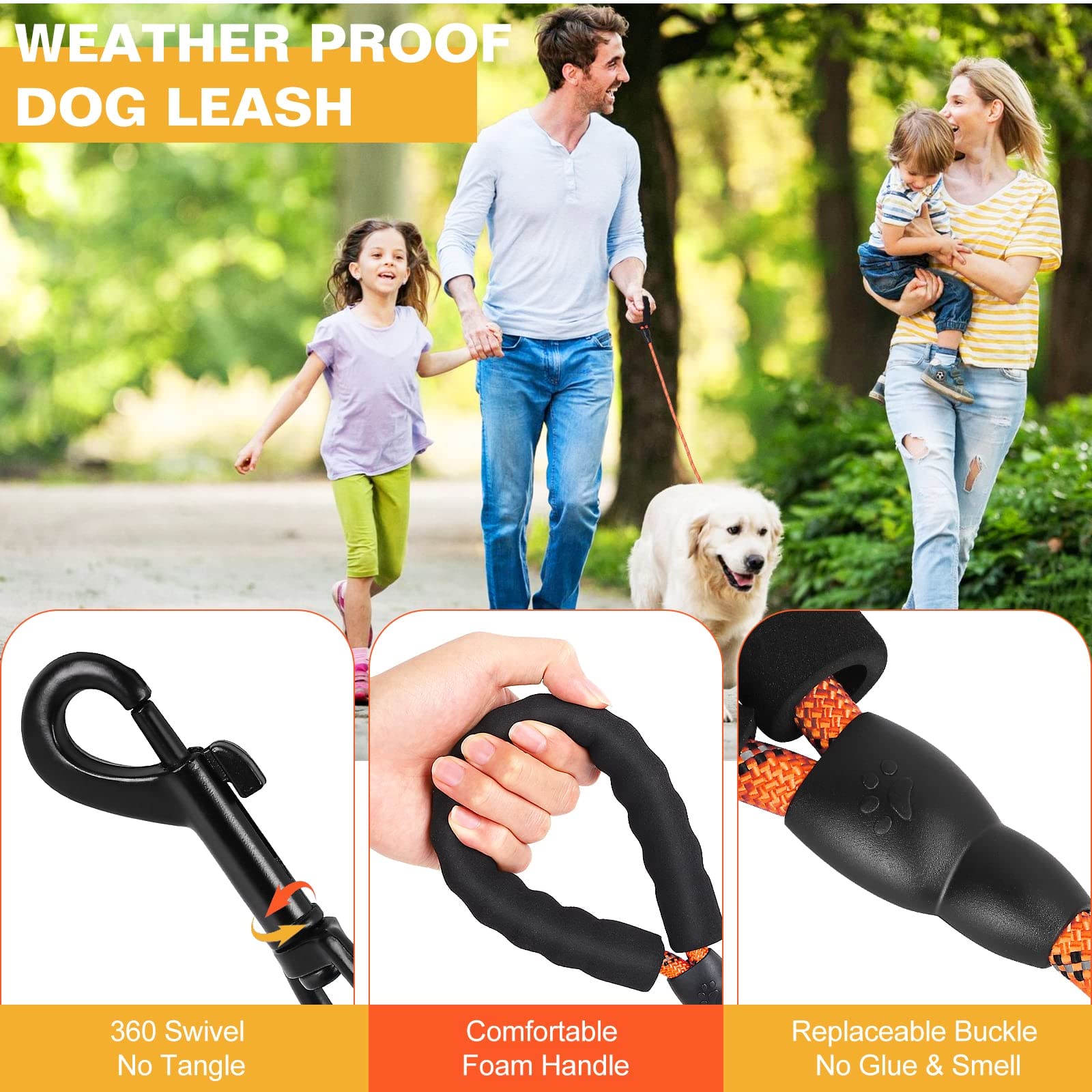 Heavy Duty Dog Leash for Medium Dogs - 4FT Reflective Padded Handle Leash for Siberian Husky, German Shepherd & Working Breeds (Orange) - Perfect for Night Walks, Jogging & Outdoor Adventures