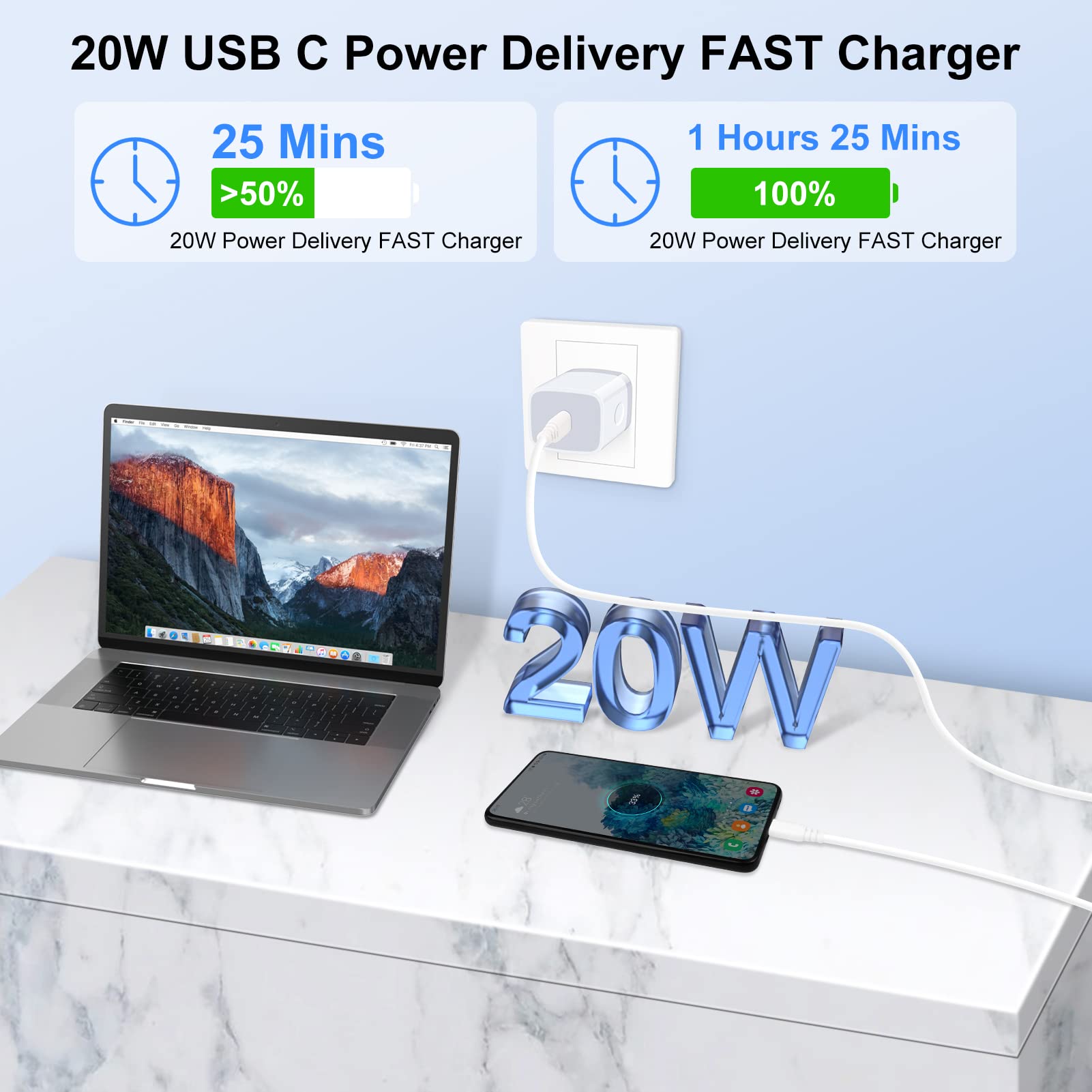 3-Pack 20W USB C Wall Charger Fast Charging Block - PD Power Adapter for iPhone 14/13/12/11 Series, Samsung Galaxy, iPad & More | Compact Cube Plug for Home, Office & Travel
