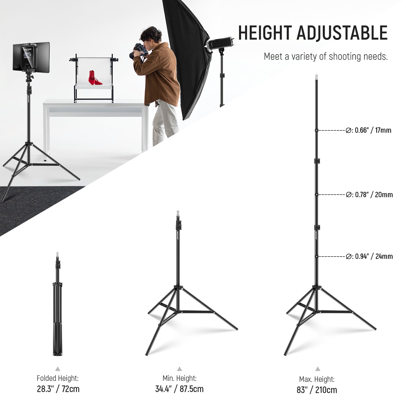 NEEWER ST210 2 Pack 210cm/7ft Heavy Duty Light Stand for Photography, Video Studio, YouTube Content Creation - Adjustable Aluminum Tripod Stand for Lighting Equipment, Softboxes & Umbrellas