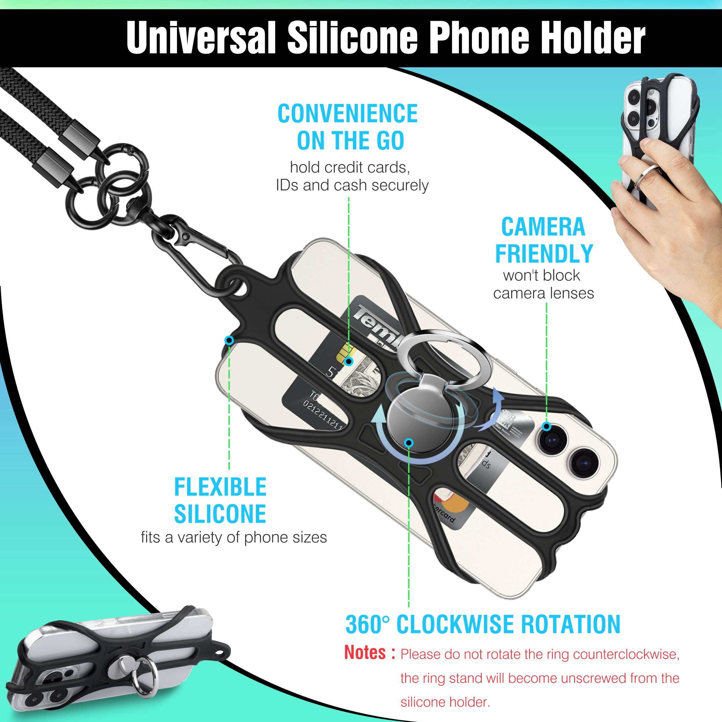 Kaptron Universal Adjustable Crossbody Phone Lanyard with Silicone Holder & Tethers - Hands-Free Phone Strap for Travel, Work, Shopping & Outdoor Activities