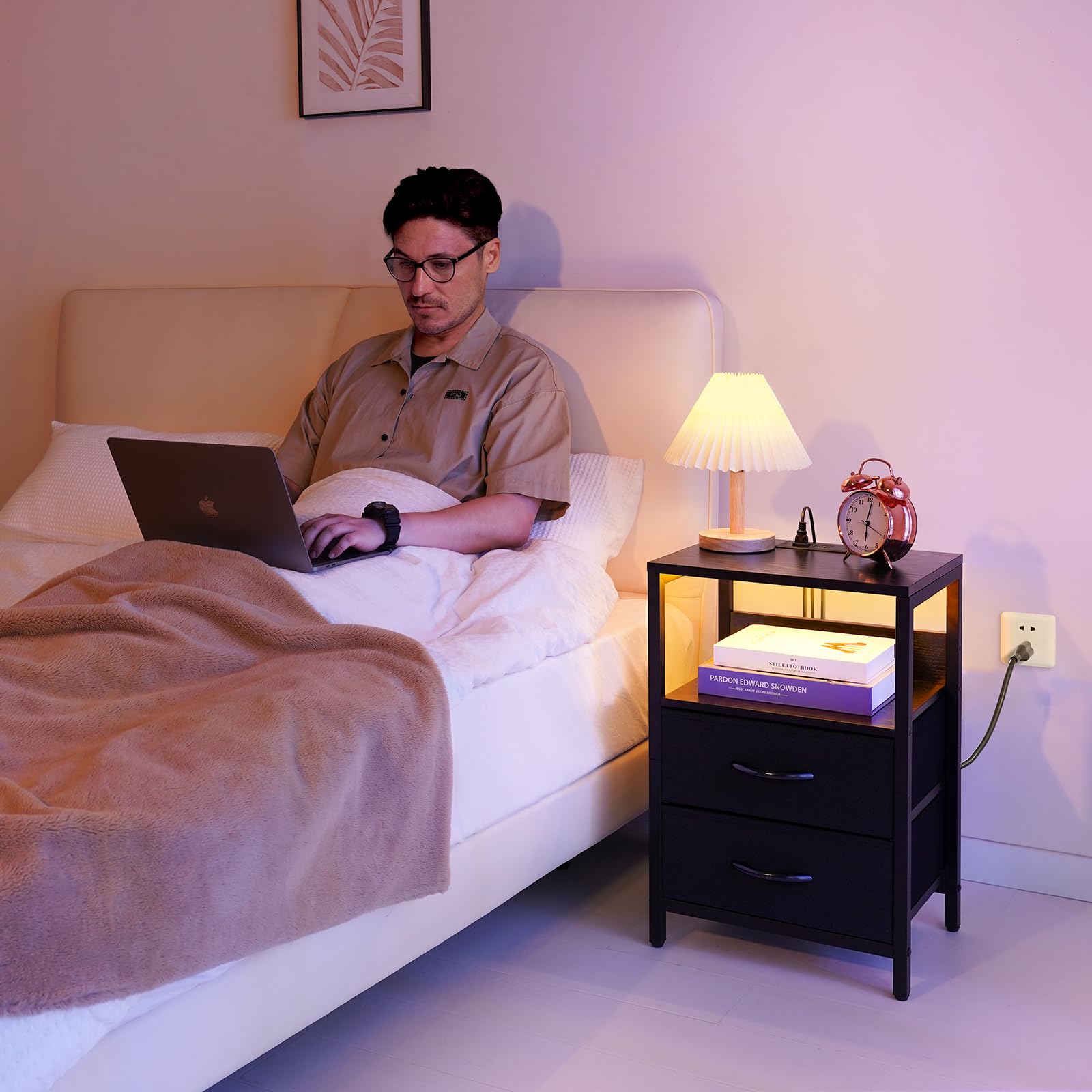 Yoobure Nightstand with Charging Station - LED Bedside Table with USB Ports & Outlets, Fabric Drawers & Storage Shelf - Small Night Stand for Bedroom | Perfect for Phone Charging, Reading Light & Bedside Storage